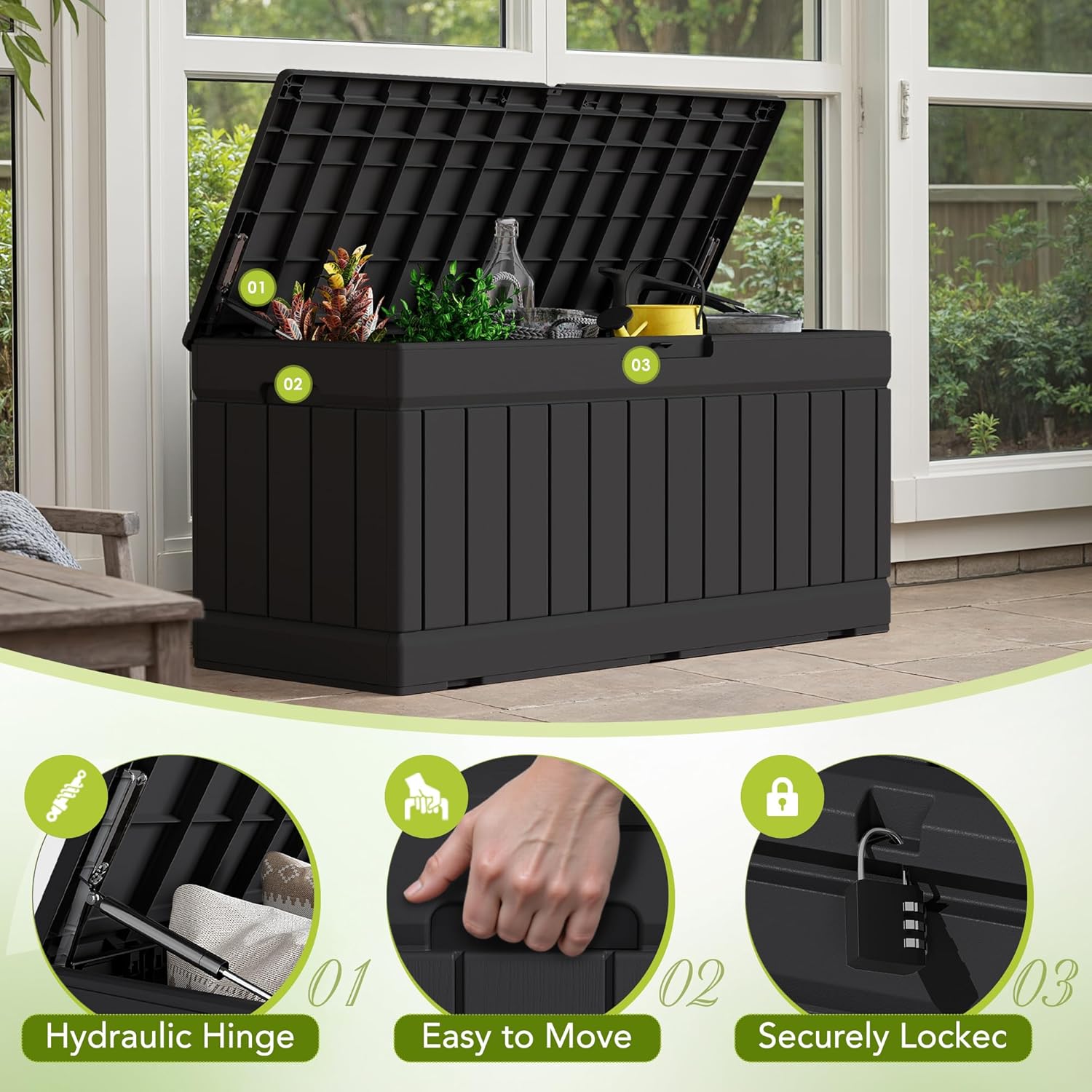 Devoko 78 Gallon Deck Box, Waterproof Resin Outdoor Storage Box for Outside and Patio, Outdoor Storage Bench Lockable for Patio Furniture, Garden Tools and Pool Supplies (Black, 78 Gallon)