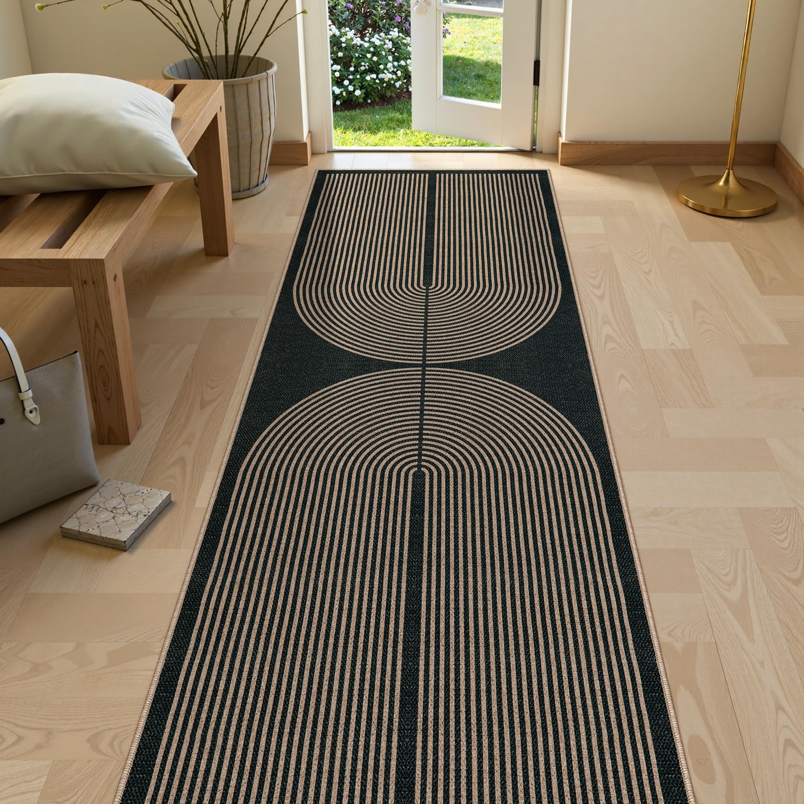 Lahome Enfys Modern Rainbow Easy Jute Outdoor Patio Rug, 3x5 Black Washable Rugs for Entryway Office Farmhouse Classroom Carpet, Contemporary Non Slip Front Door Mat for Porch Guestroom Room Decor