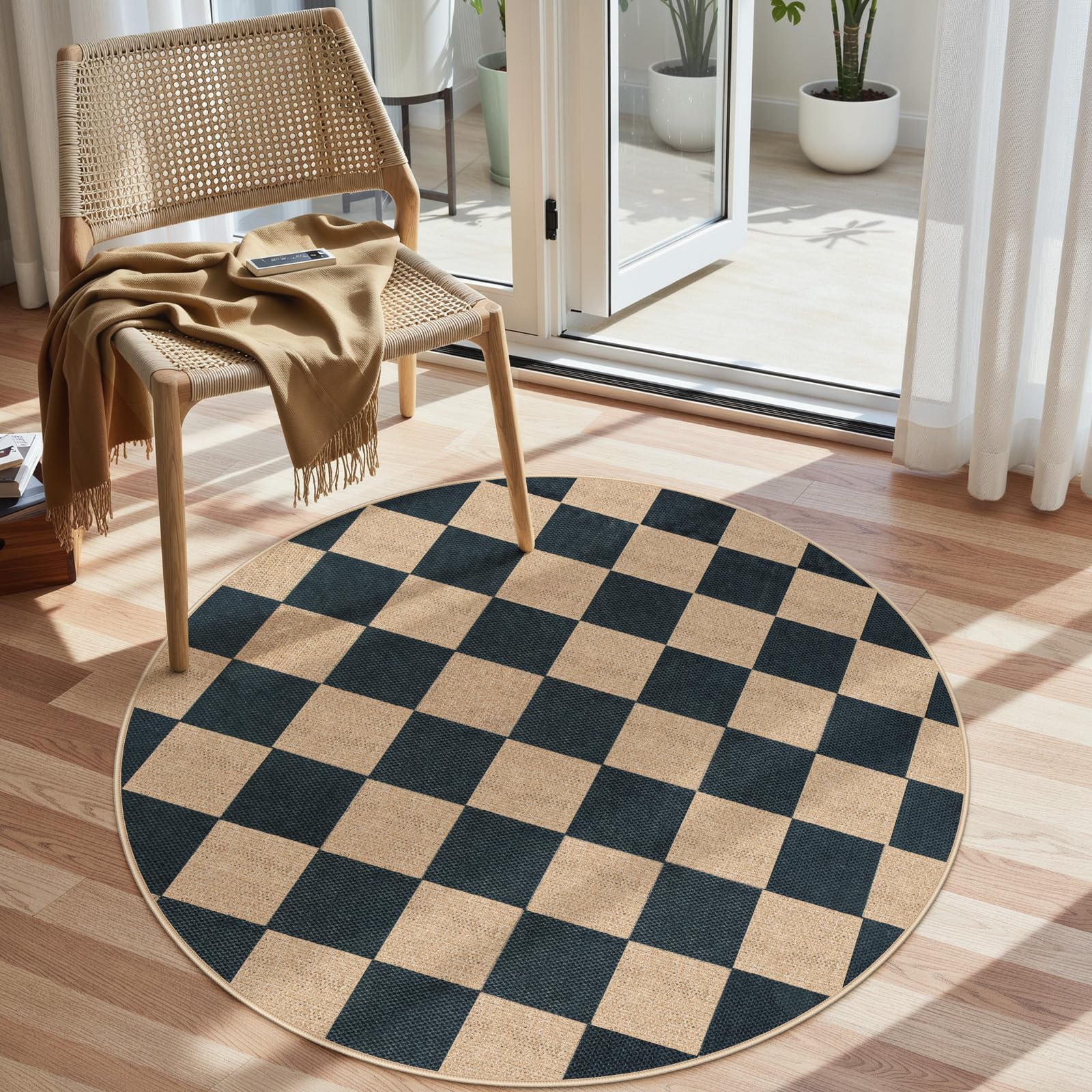 Lahome Colette Checkered Easy Jute 3x5 Outdoor Patio Rug, Washable Rugs for Entryway Diamond Indoor Outdoor Living Room Carpet, Farmhouse Neutral Non Slip Black Door Carpet for Backyard Bedroom