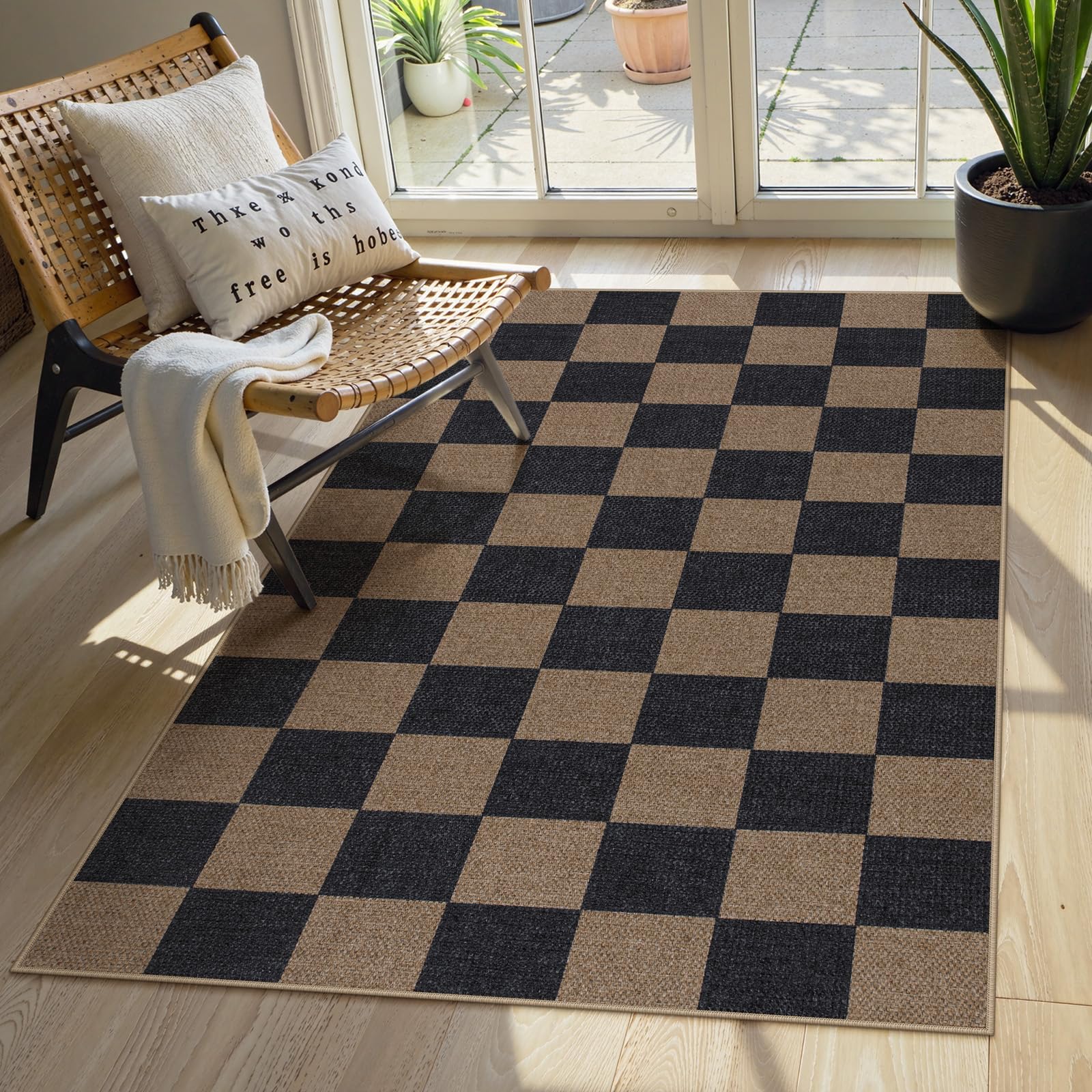 Lahome Colette Checkered Easy Jute 3x5 Outdoor Patio Rug, Washable Rugs for Entryway Diamond Indoor Outdoor Living Room Carpet, Farmhouse Neutral Non Slip Black Door Carpet for Backyard Bedroom