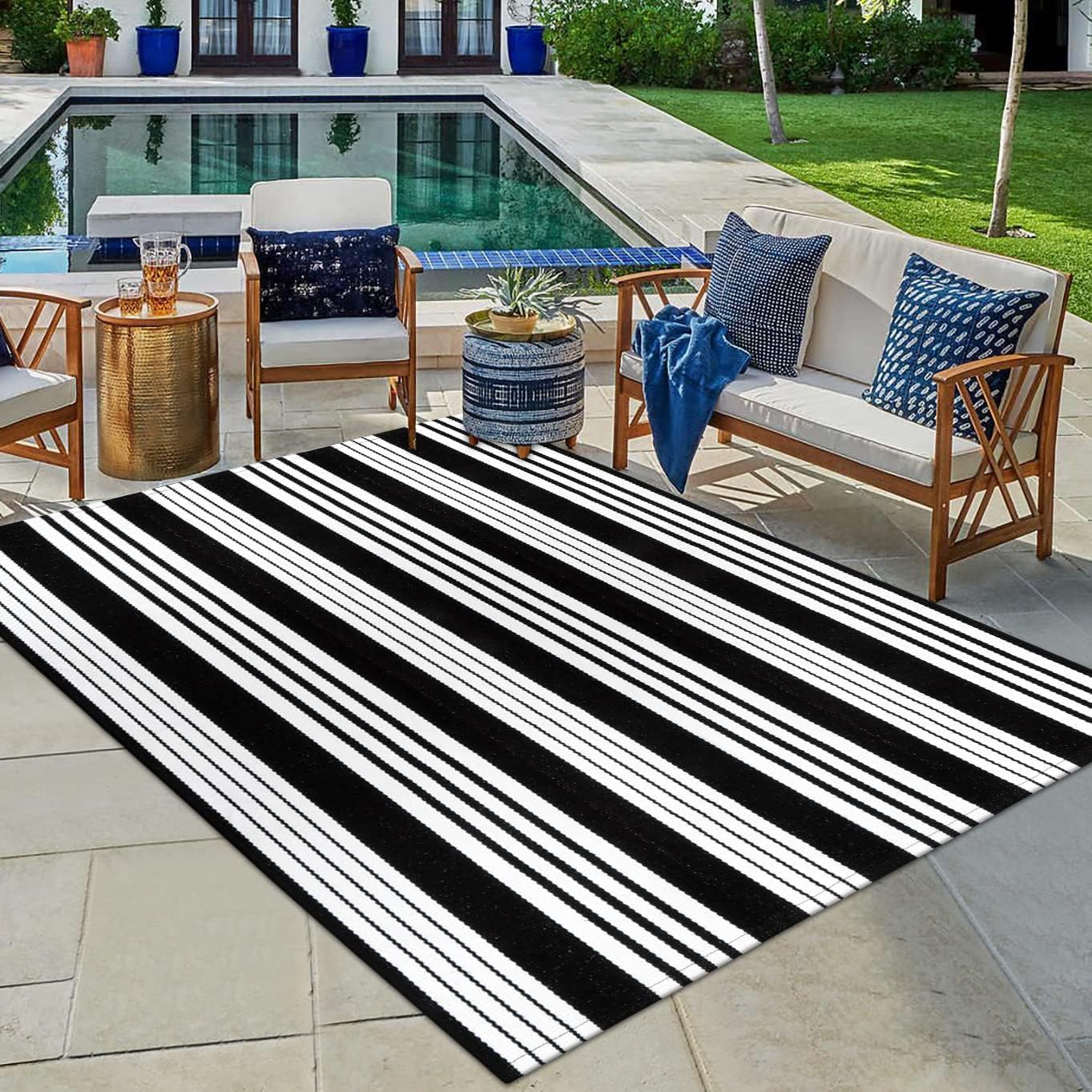 OJIA Outdoor Rug 3'x5', Black and Tan Area Rug Machine Washable Rugs Cotton Hand Woven Entry Rug Indoor Outdoor Striped Carpet for Front Porch/Deck/Backyard/Camping/Outdoor Decor