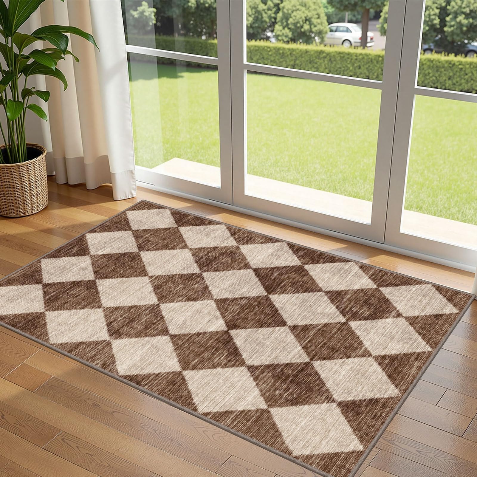 3x5 Floral Entry Rug - Small Washable Indoor Outdoor Mats for Front Door Non-Slip Porch Rug Beige Vintage Farmhouse Throw Rugs for Living Room Bedroom Entryway Kitchen Office Porch Decor