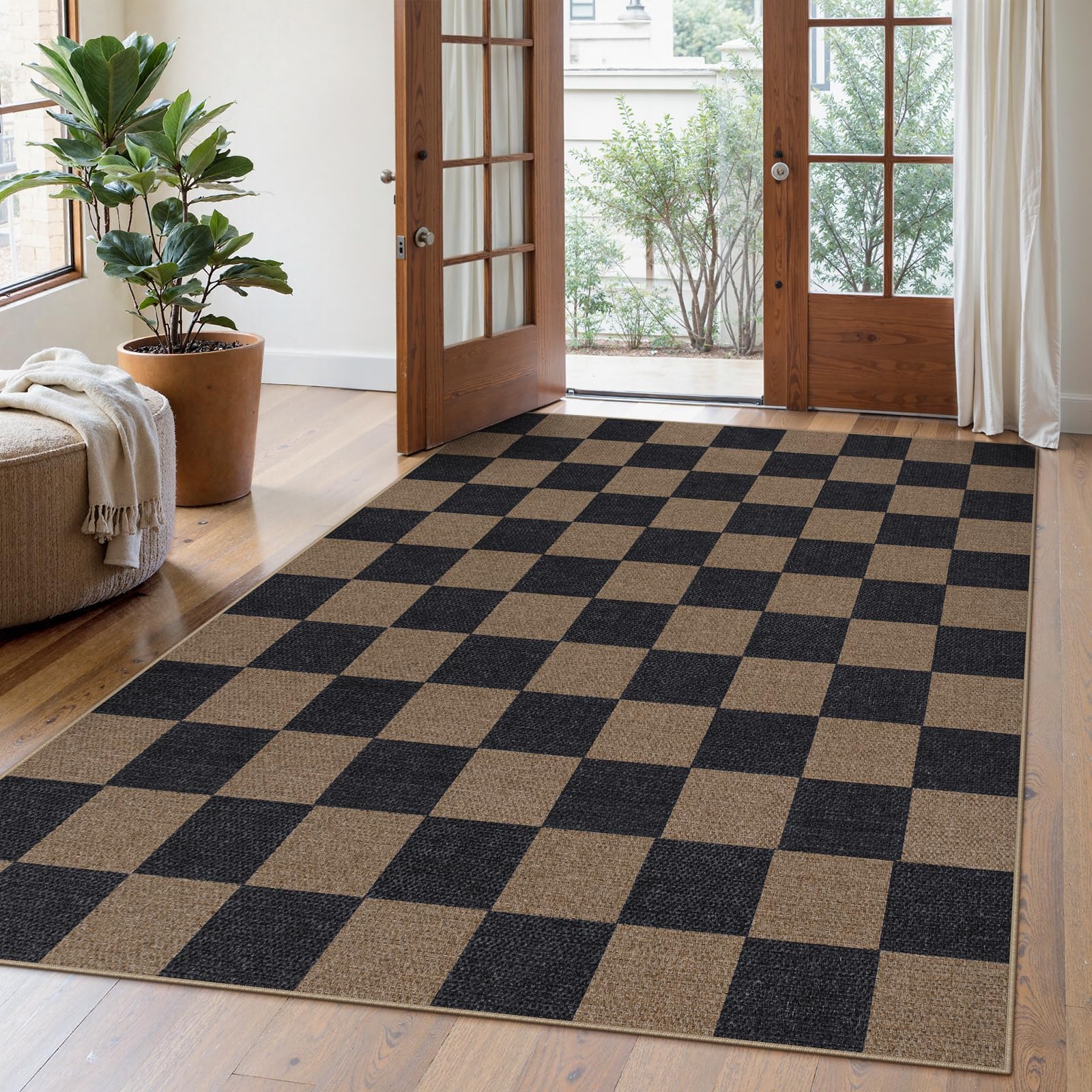 Lahome Colette Checkered Easy Jute 3x5 Outdoor Patio Rug, Washable Rugs for Entryway Diamond Indoor Outdoor Living Room Carpet, Farmhouse Neutral Non Slip Black Door Carpet for Backyard Bedroom