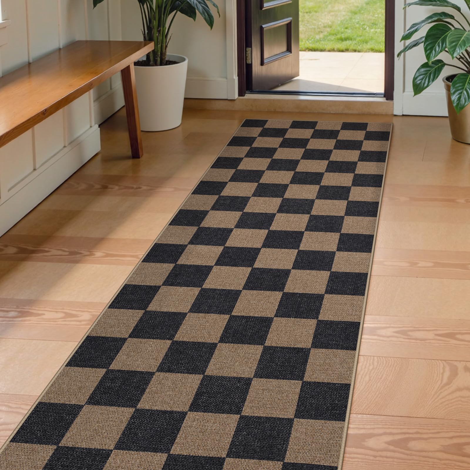 Lahome Colette Checkered Easy Jute 3x5 Outdoor Patio Rug, Washable Rugs for Entryway Diamond Indoor Outdoor Living Room Carpet, Farmhouse Neutral Non Slip Black Door Carpet for Backyard Bedroom