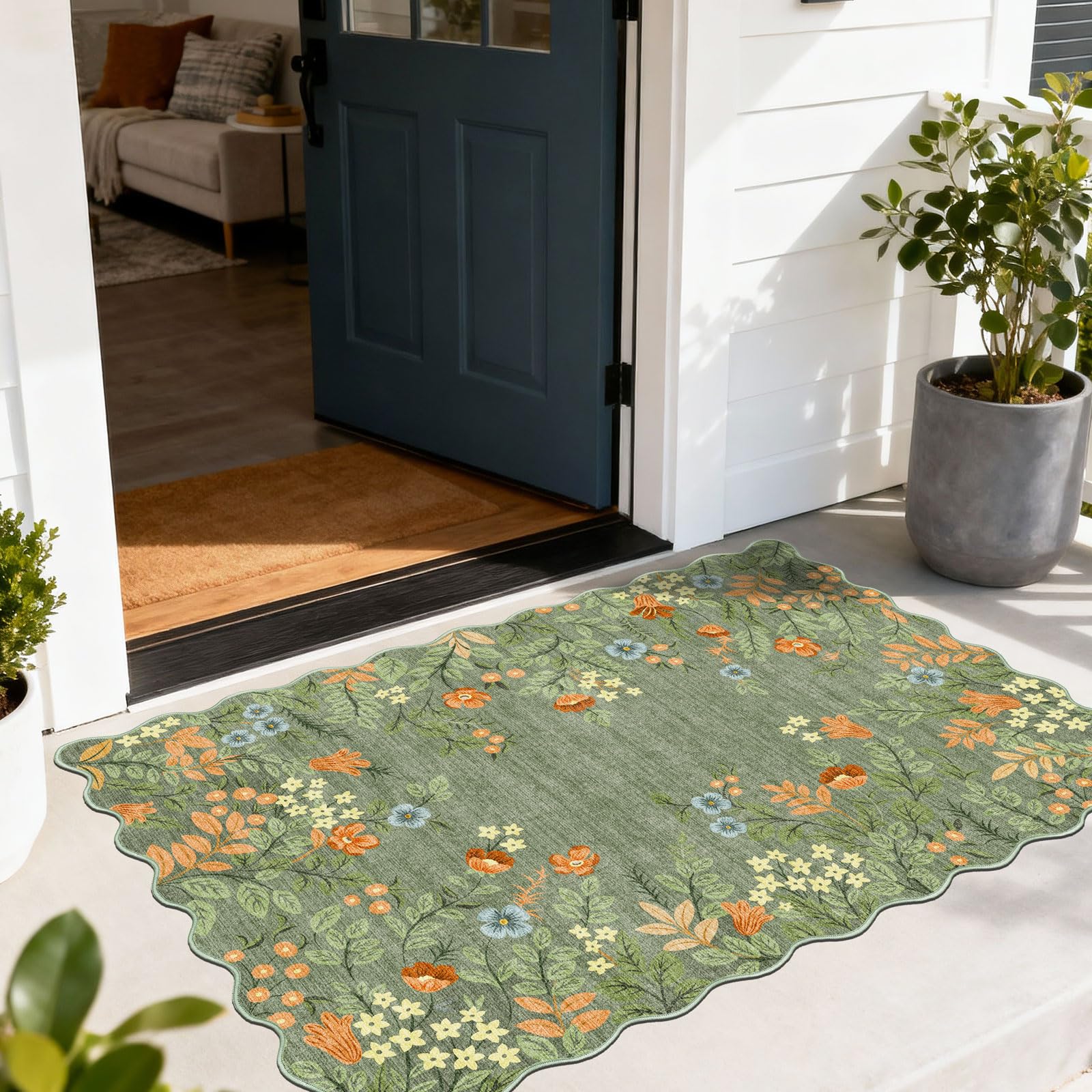 3x5 Floral Entry Rug - Small Washable Indoor Outdoor Mats for Front Door Non-Slip Porch Rug Beige Vintage Farmhouse Throw Rugs for Living Room Bedroom Entryway Kitchen Office Porch Decor