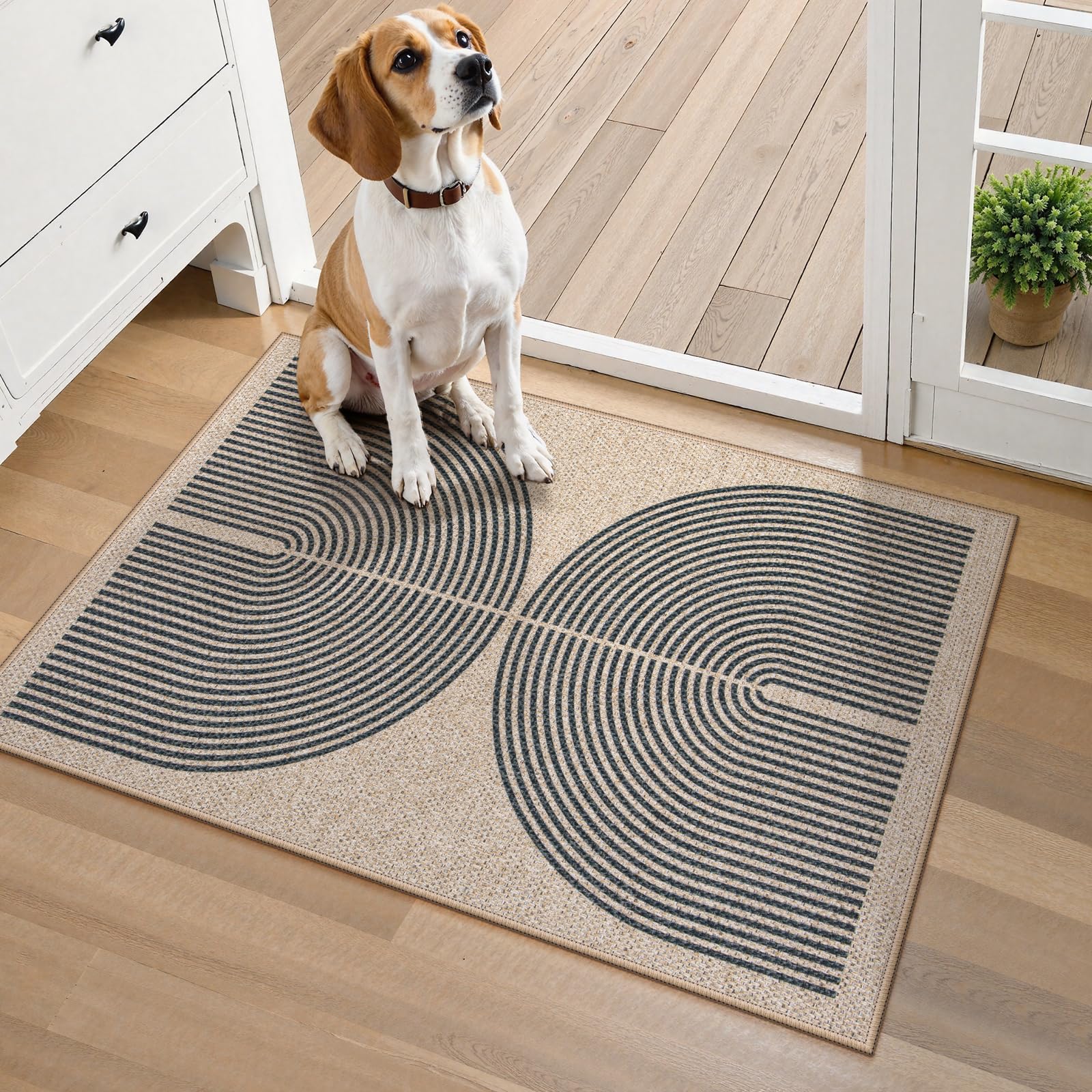 Lahome Enfys Modern Rainbow Easy Jute Outdoor Patio Rug, 3x5 Black Washable Rugs for Entryway Office Farmhouse Classroom Carpet, Contemporary Non Slip Front Door Mat for Porch Guestroom Room Decor