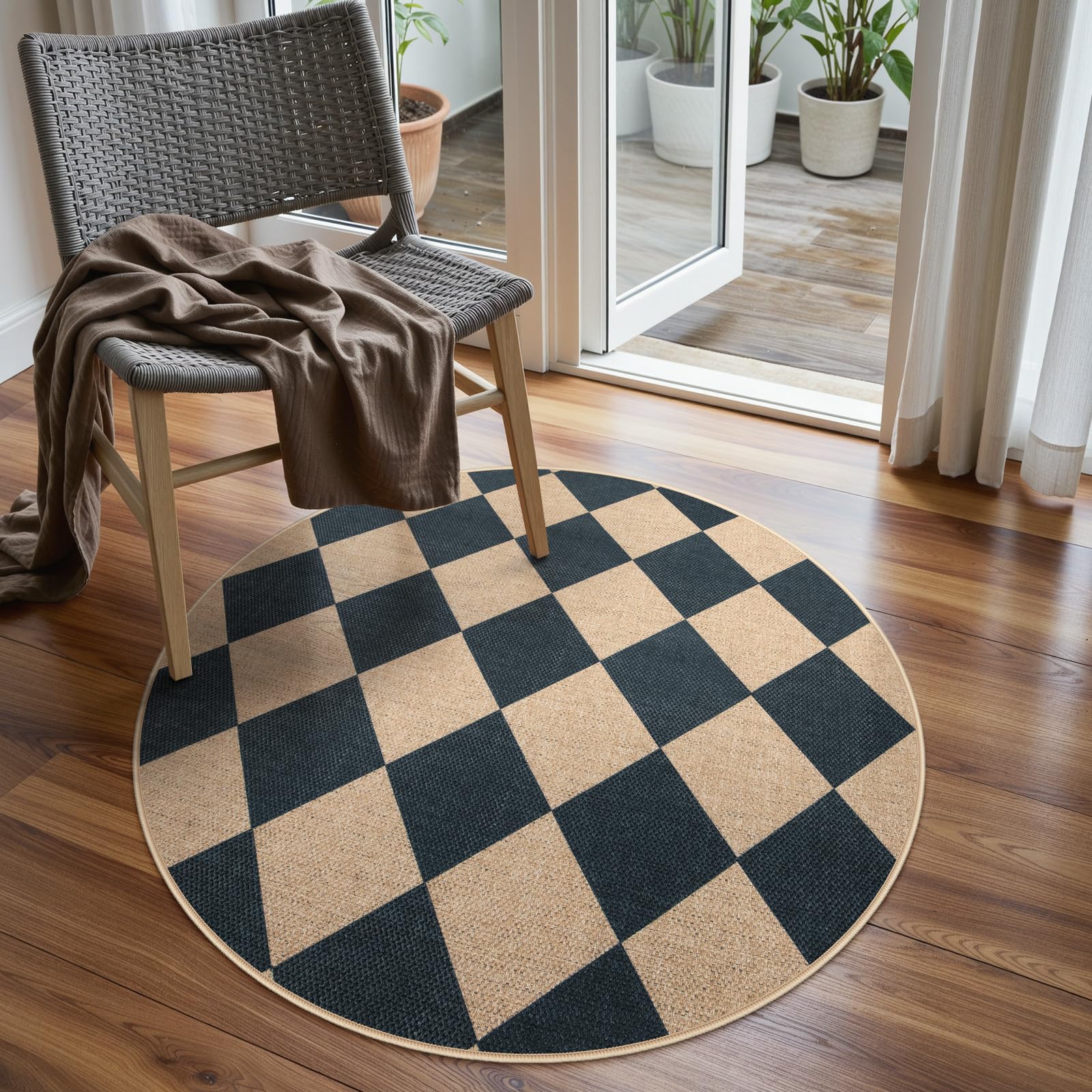 Lahome Colette Checkered Easy Jute 3x5 Outdoor Patio Rug, Washable Rugs for Entryway Diamond Indoor Outdoor Living Room Carpet, Farmhouse Neutral Non Slip Black Door Carpet for Backyard Bedroom