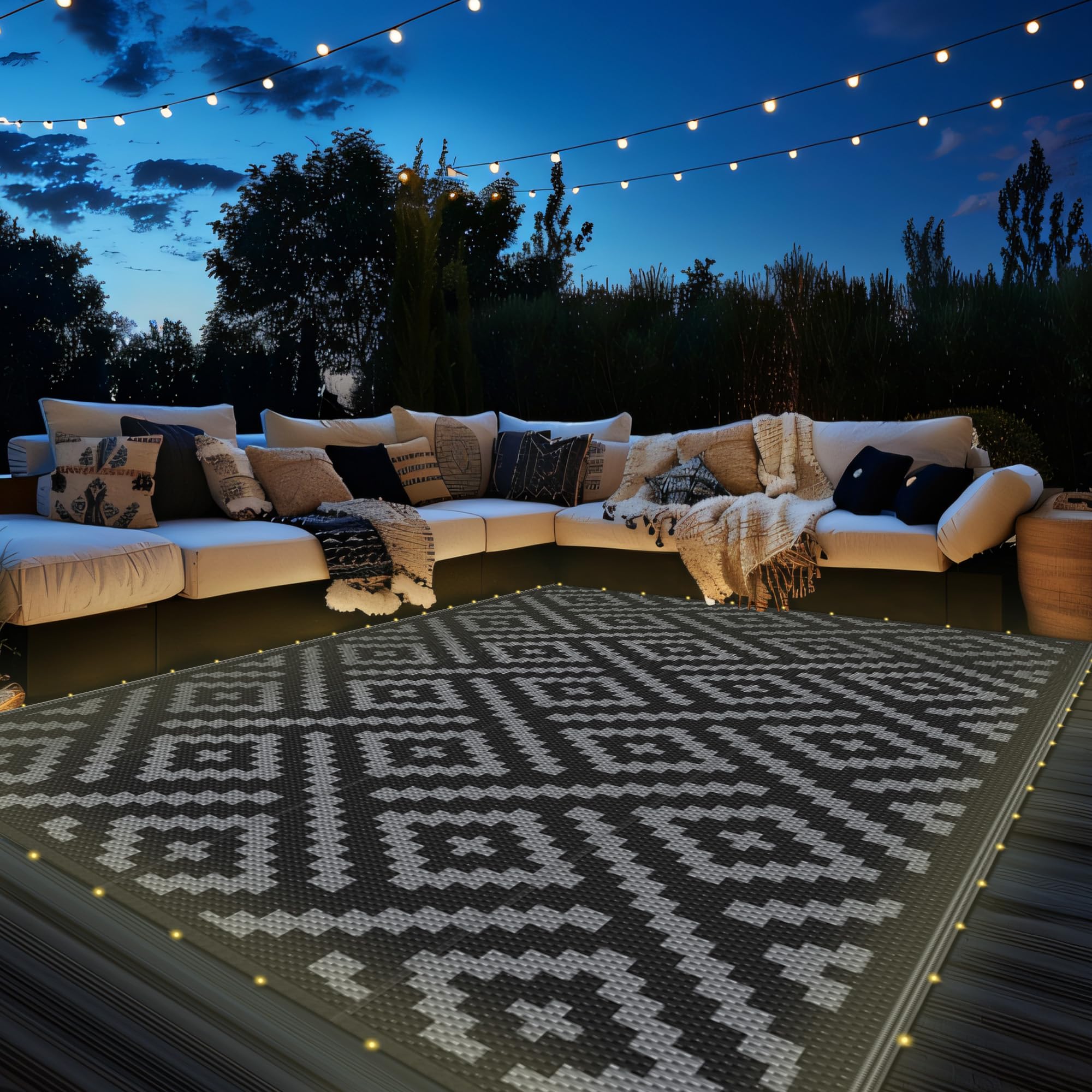 GENIMO 5x8 Outdoor Rug Waterproof, Reversible Mats, Area Rug, Plastic Outside Carpet, Geometric Rv Mat for Patio Camping Rv Picnic Backyard Deck Balcony Porch Beach Trailer (Black & Beige)