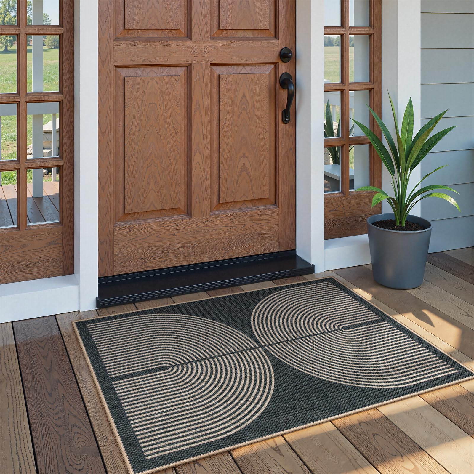Lahome Enfys Modern Rainbow Easy Jute Outdoor Patio Rug, 3x5 Black Washable Rugs for Entryway Office Farmhouse Classroom Carpet, Contemporary Non Slip Front Door Mat for Porch Guestroom Room Decor