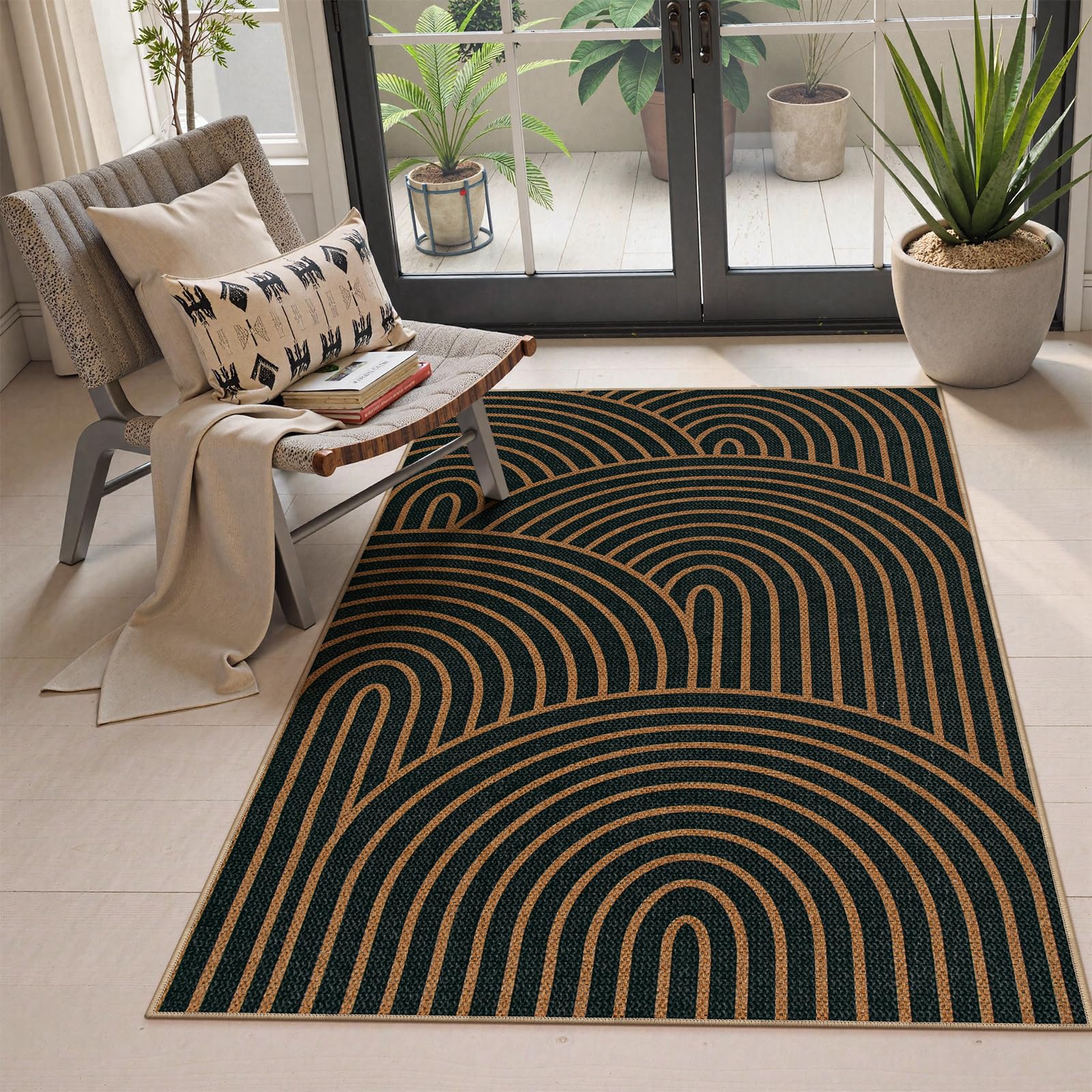 Lahome Enfys Modern Rainbow Easy Jute Outdoor Patio Rug, 3x5 Black Washable Rugs for Entryway Office Farmhouse Classroom Carpet, Contemporary Non Slip Front Door Mat for Porch Guestroom Room Decor