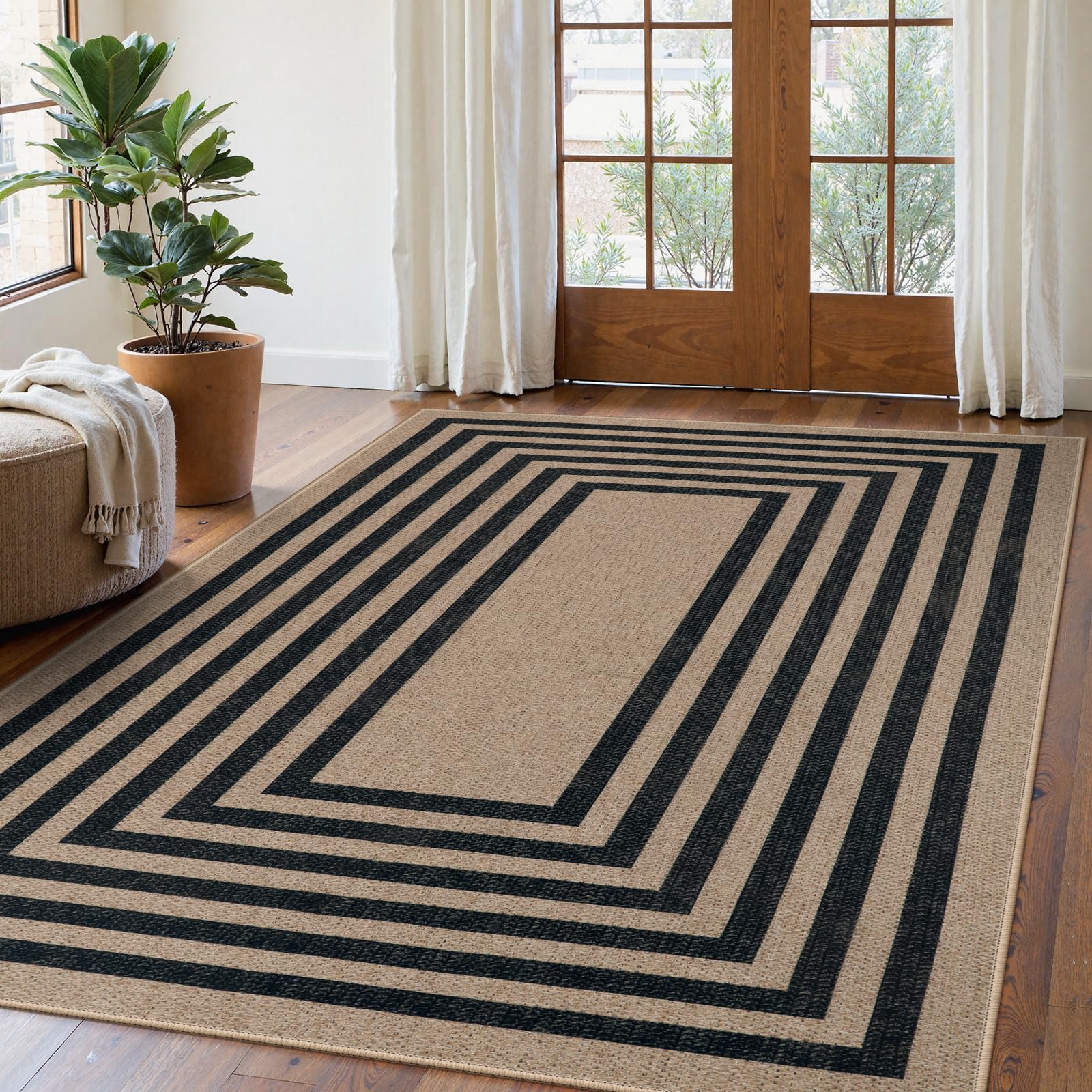 Lahome Enfys Modern Rainbow Easy Jute Outdoor Patio Rug, 3x5 Black Washable Rugs for Entryway Office Farmhouse Classroom Carpet, Contemporary Non Slip Front Door Mat for Porch Guestroom Room Decor