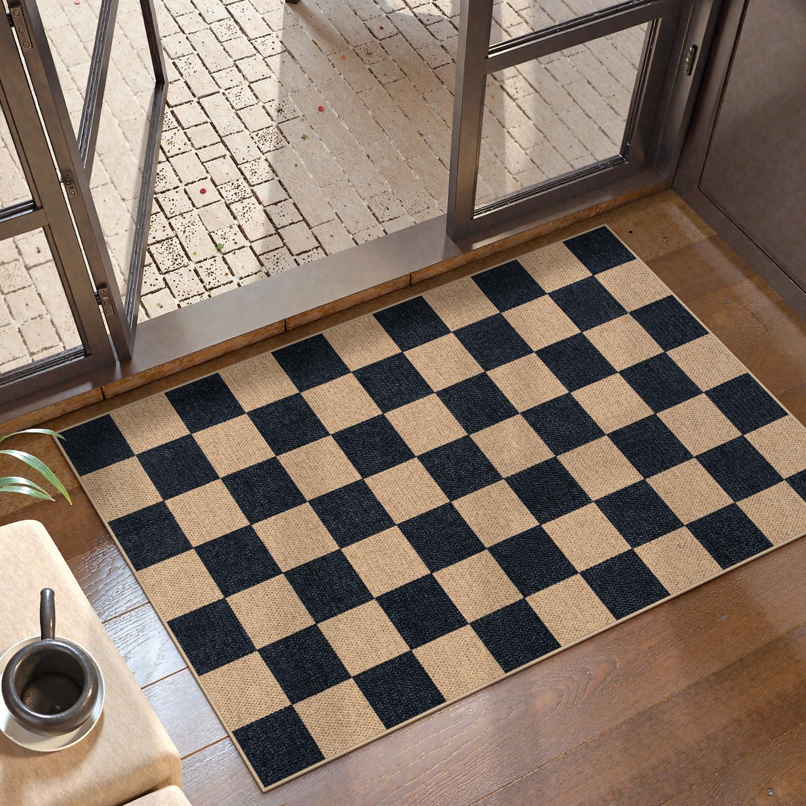 Lahome Colette Checkered Easy Jute 3x5 Outdoor Patio Rug, Washable Rugs for Entryway Diamond Indoor Outdoor Living Room Carpet, Farmhouse Neutral Non Slip Black Door Carpet for Backyard Bedroom