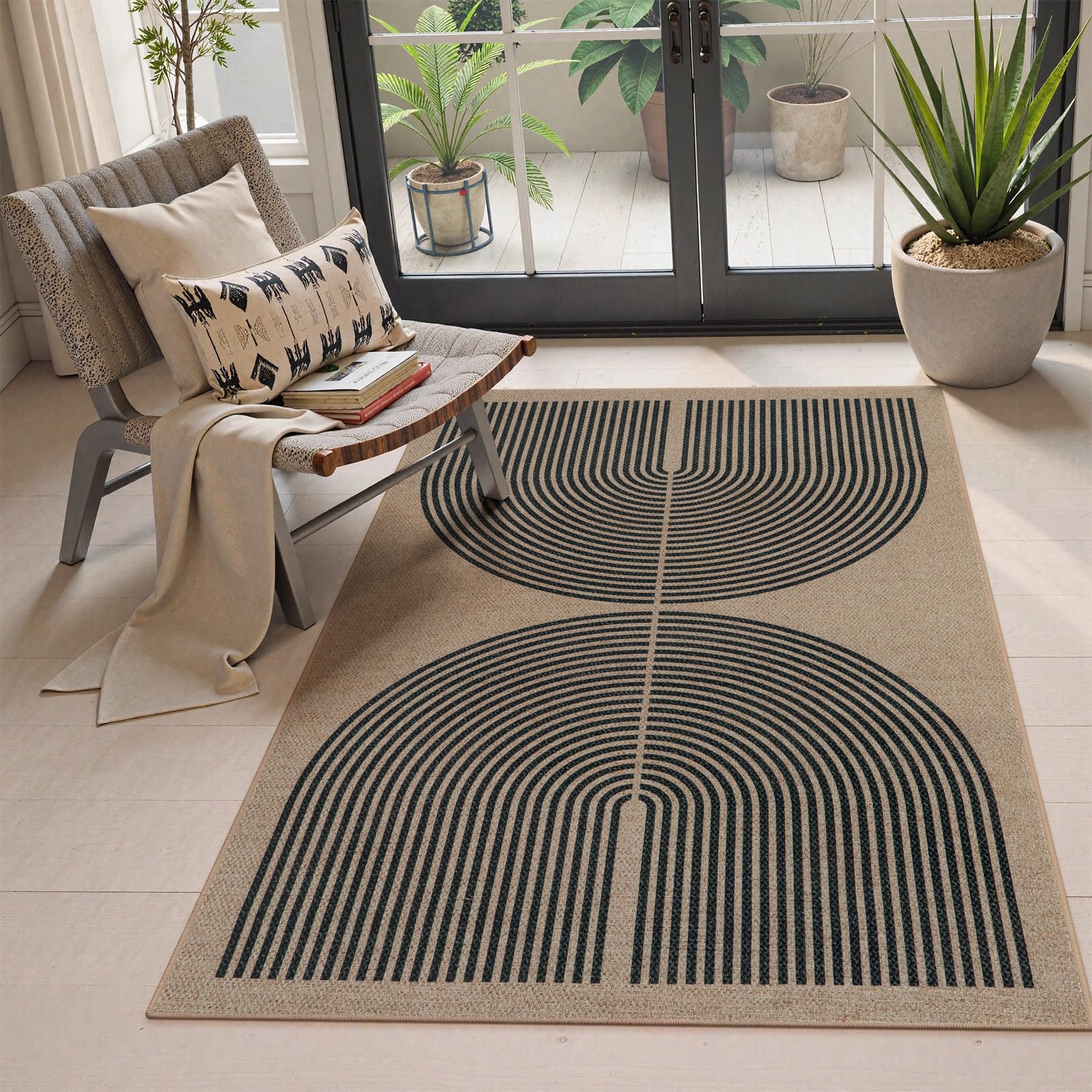 Lahome Enfys Modern Rainbow Easy Jute Outdoor Patio Rug, 3x5 Black Washable Rugs for Entryway Office Farmhouse Classroom Carpet, Contemporary Non Slip Front Door Mat for Porch Guestroom Room Decor