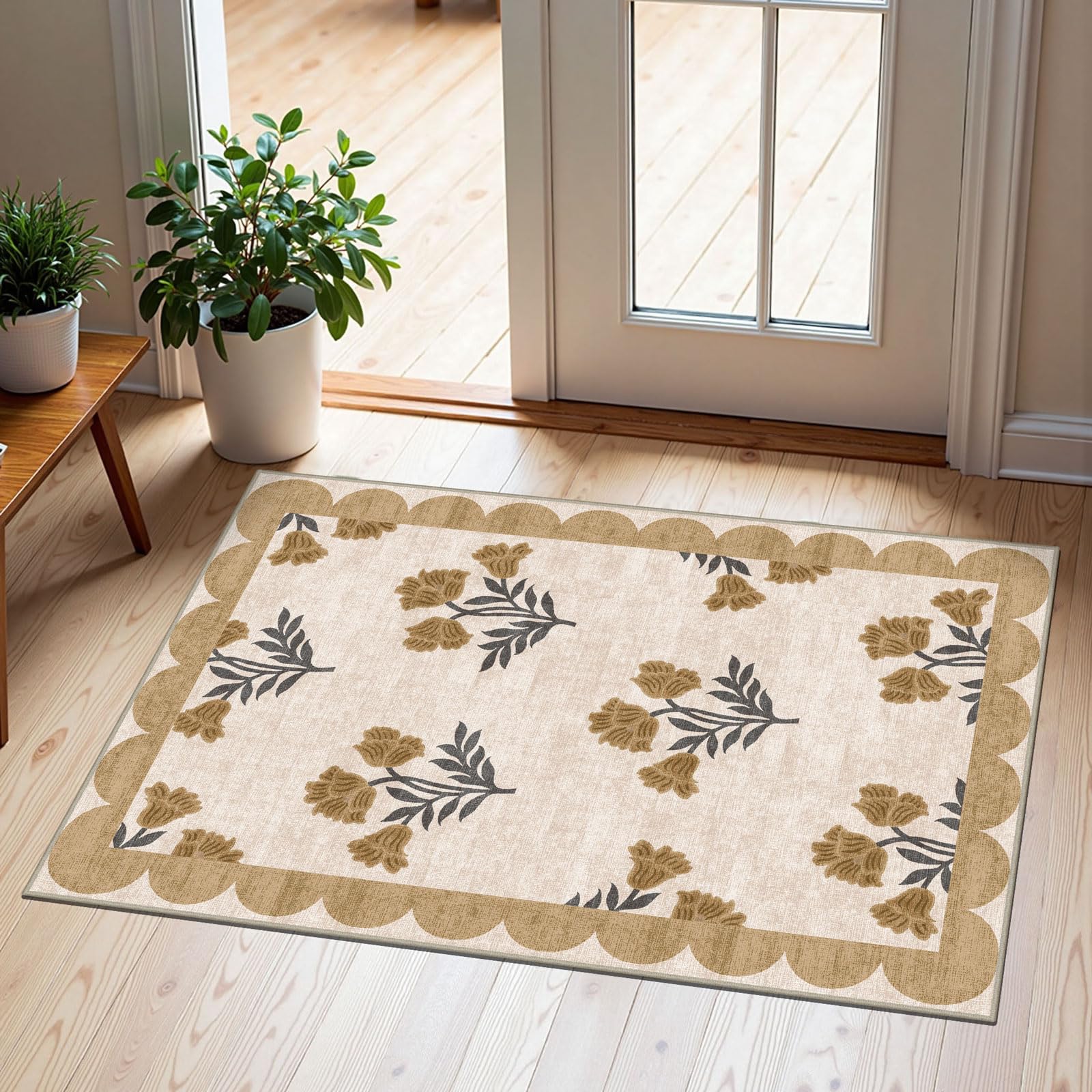 3x5 Floral Entry Rug - Small Washable Indoor Outdoor Mats for Front Door Non-Slip Porch Rug Beige Vintage Farmhouse Throw Rugs for Living Room Bedroom Entryway Kitchen Office Porch Decor