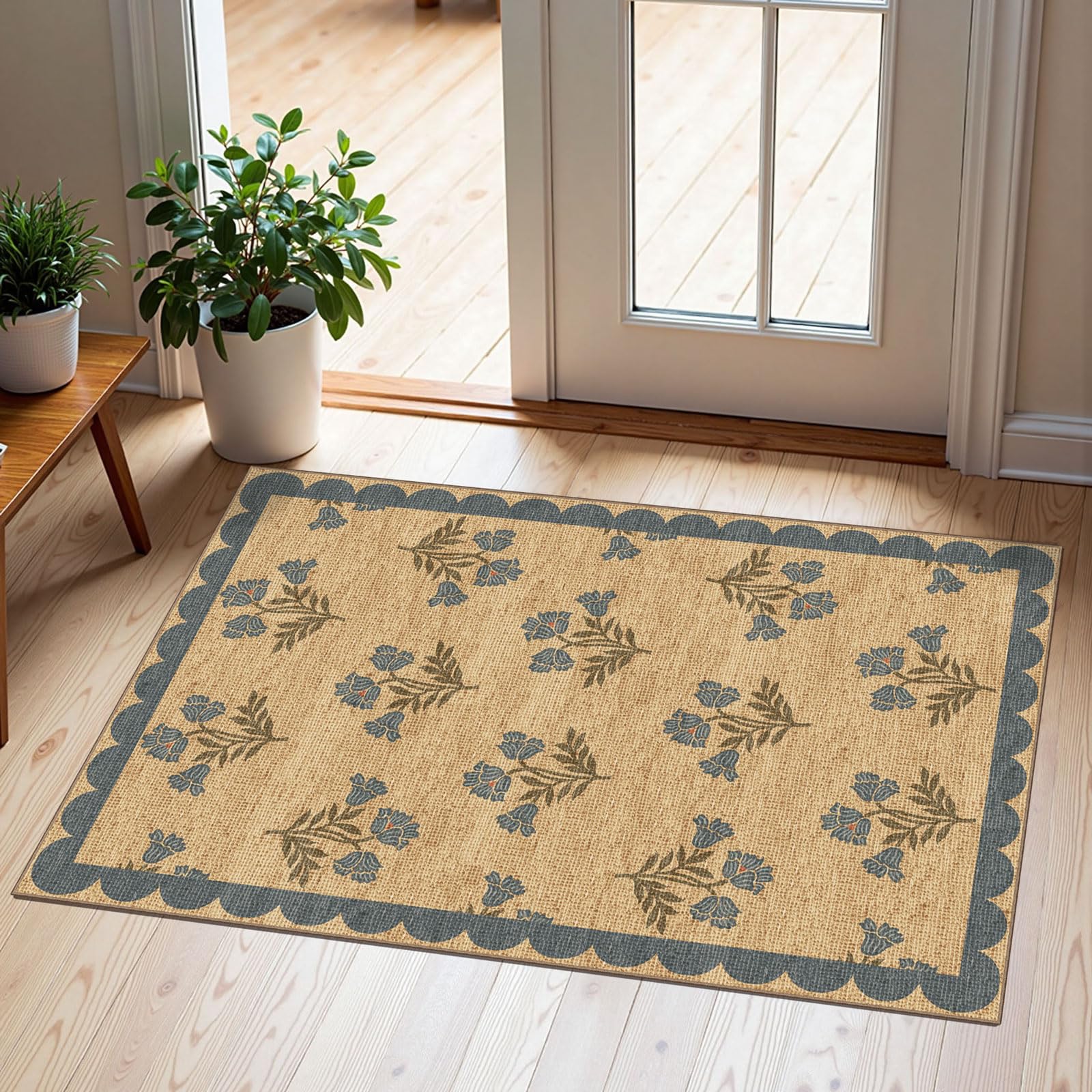 3x5 Floral Entry Rug - Small Washable Indoor Outdoor Mats for Front Door Non-Slip Porch Rug Beige Vintage Farmhouse Throw Rugs for Living Room Bedroom Entryway Kitchen Office Porch Decor