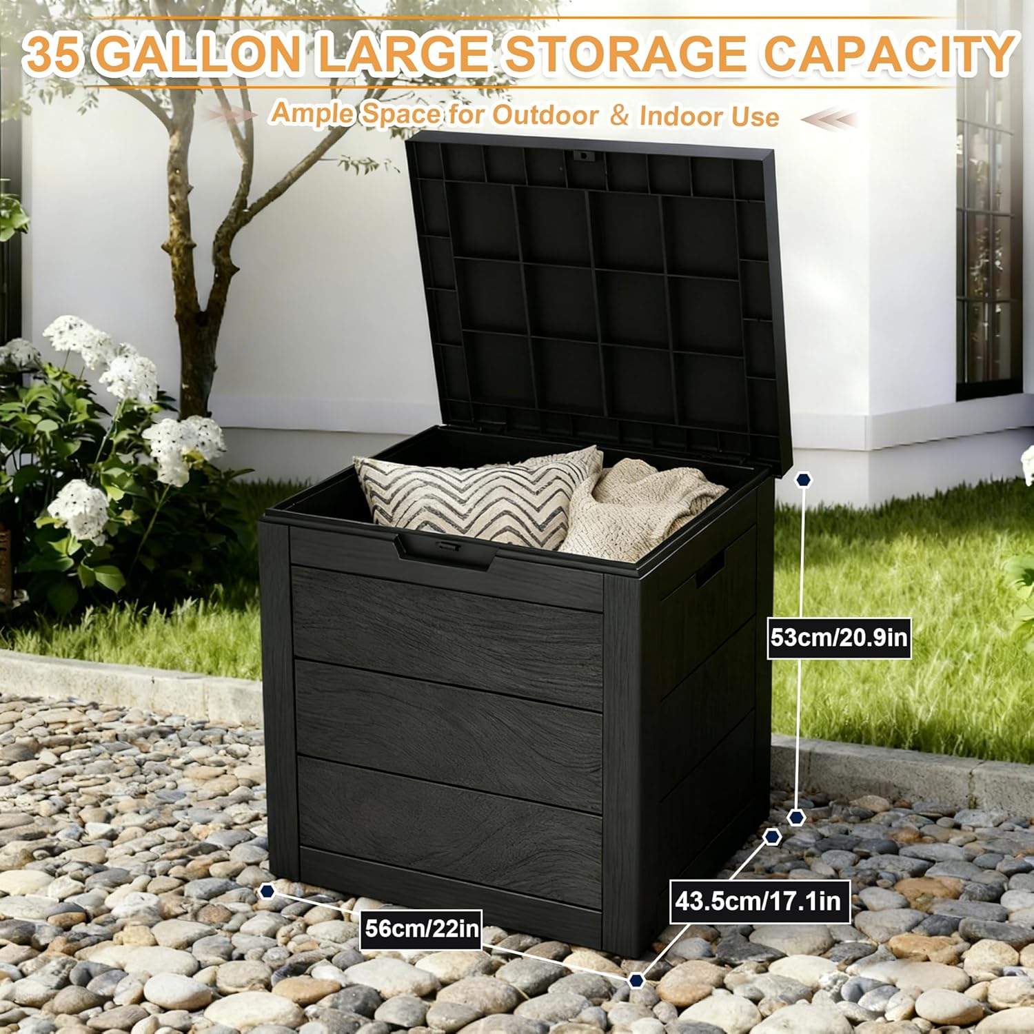 35 Gallon Outdoor Storage Box, Deck Boxes Outdoor Waterproof, Package Delivery Boxes For Outside, Patio Storage Box For Garden, Doorstep, Camping (Black, 35, Gallons)