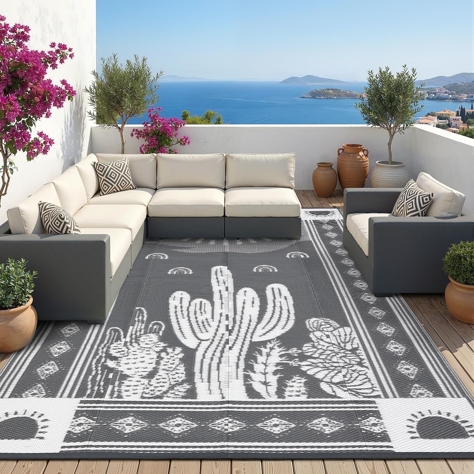 Garvee Reversible Outdoor Rug 8x10 for Patio, Waterproof Outdoor Area Rug, Modern Medallion Indoor Outdoor Rugs, Plastic Straw Rug for RV, Camping, Deck, Vintage Terracotta