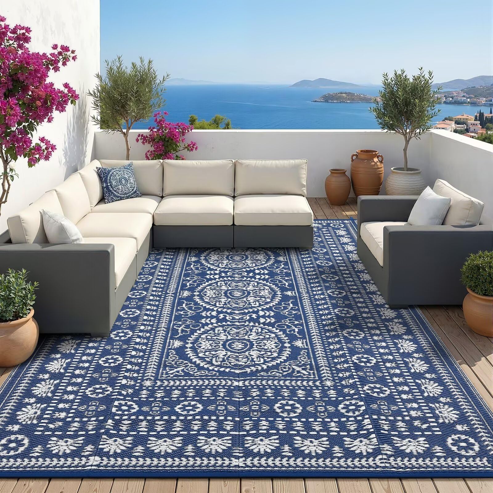 Garvee Reversible Outdoor Rug 8x10 for Patio, Waterproof Outdoor Area Rug, Modern Medallion Indoor Outdoor Rugs, Plastic Straw Rug for RV, Camping, Deck, Vintage Terracotta