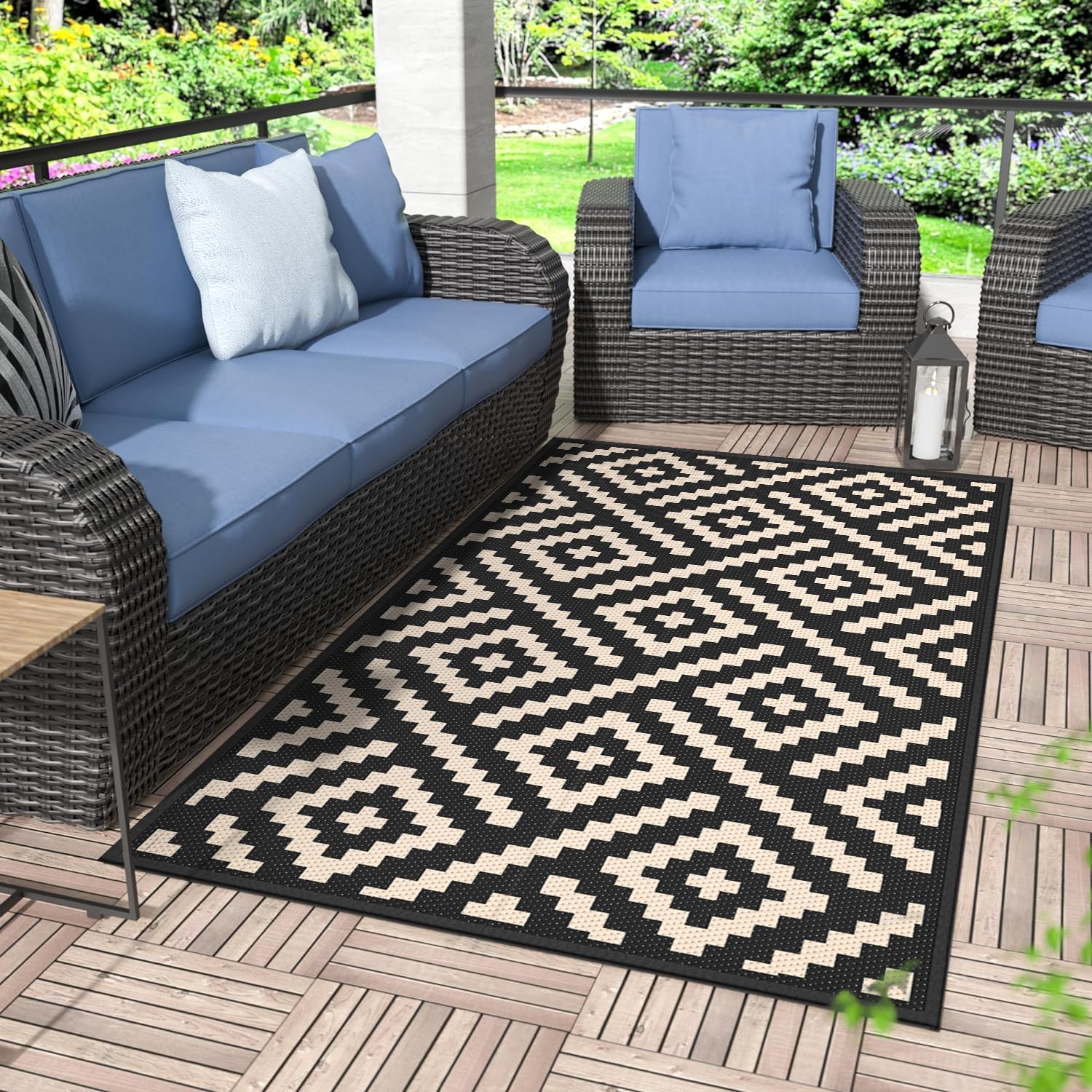 GENIMO 5x8 Outdoor Rug Waterproof, Reversible Mats, Area Rug, Plastic Outside Carpet, Geometric Rv Mat for Patio Camping Rv Picnic Backyard Deck Balcony Porch Beach Trailer (Black & Beige)