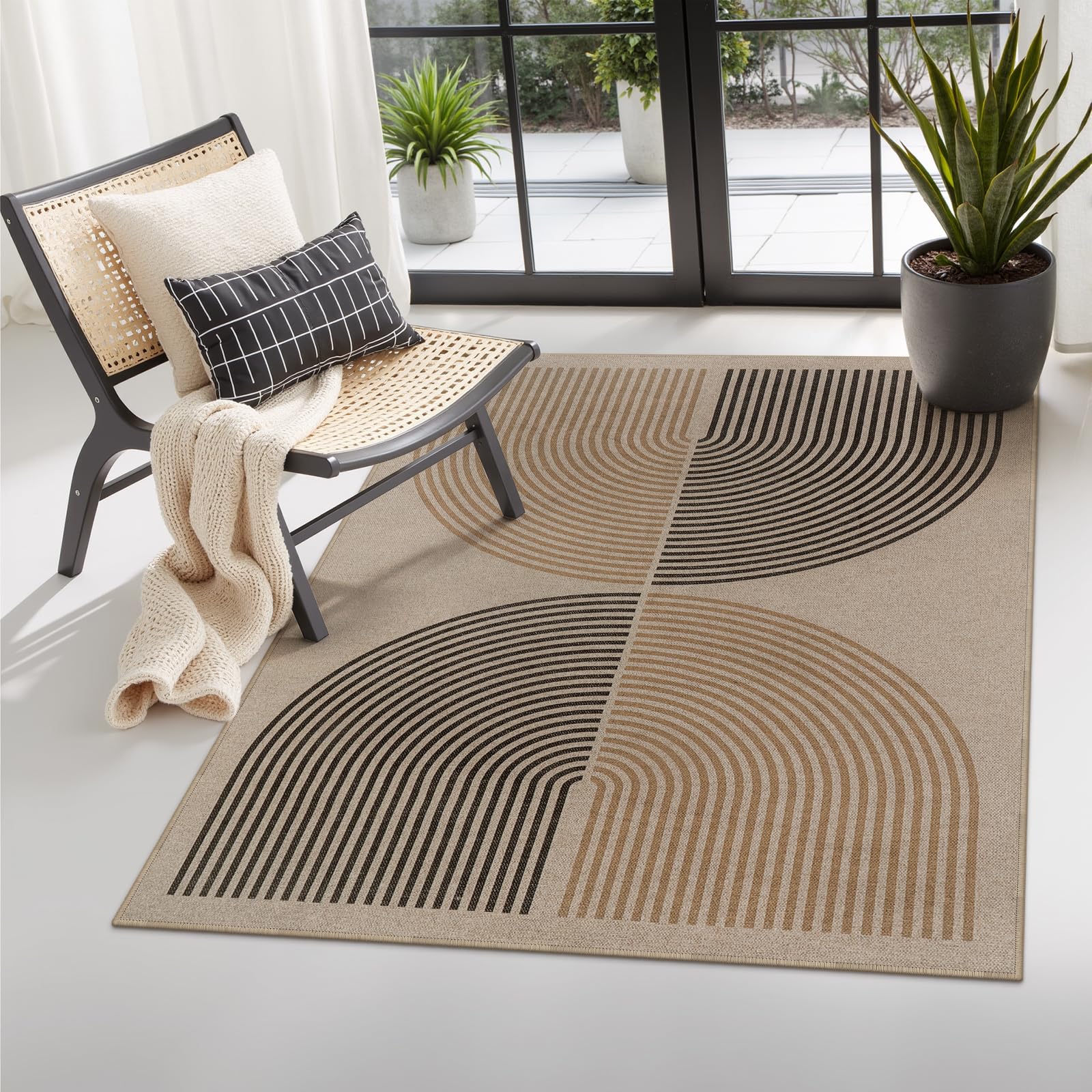Lahome Enfys Modern Rainbow Easy Jute Outdoor Patio Rug, 3x5 Black Washable Rugs for Entryway Office Farmhouse Classroom Carpet, Contemporary Non Slip Front Door Mat for Porch Guestroom Room Decor