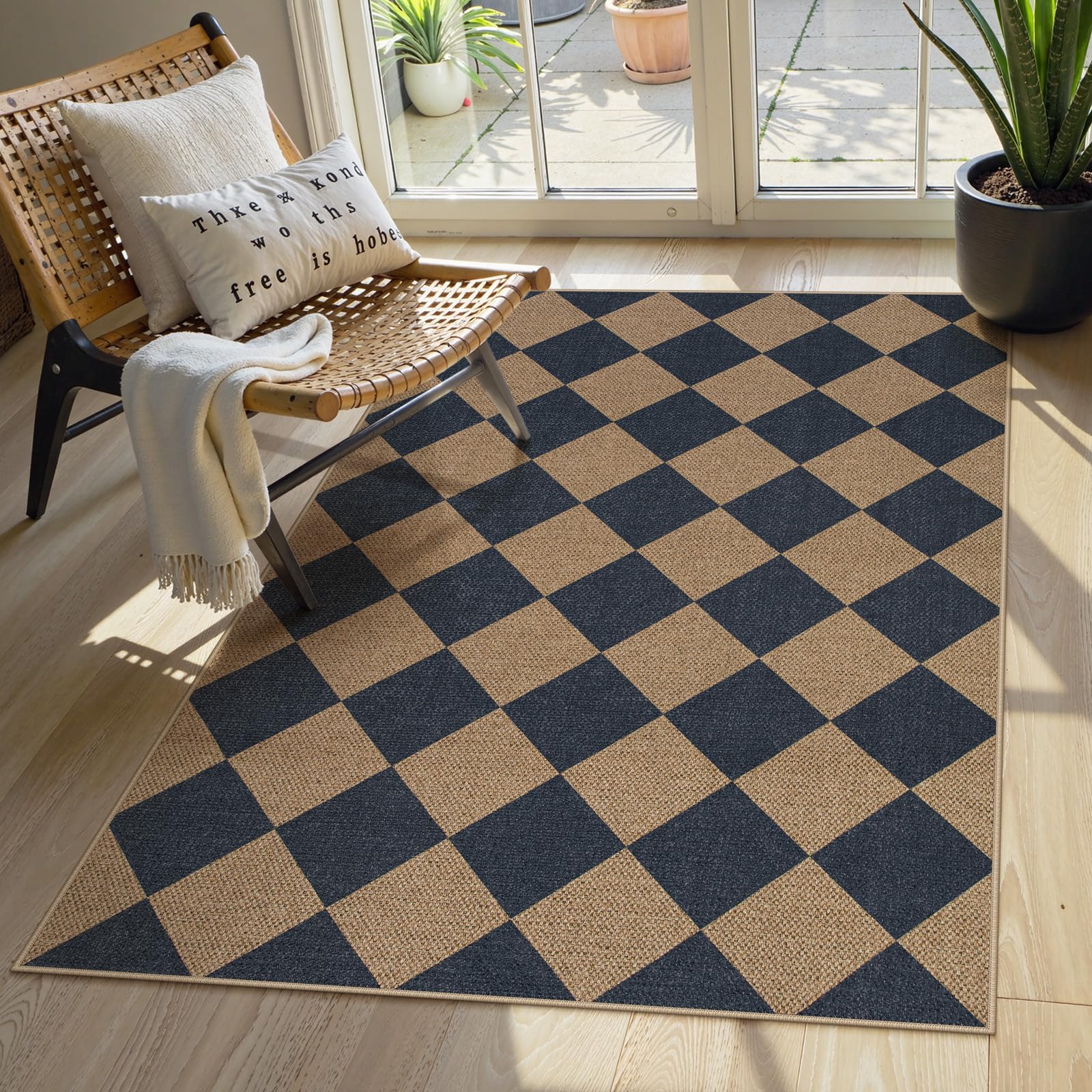 Lahome Colette Checkered Easy Jute 3x5 Outdoor Patio Rug, Washable Rugs for Entryway Diamond Indoor Outdoor Living Room Carpet, Farmhouse Neutral Non Slip Black Door Carpet for Backyard Bedroom