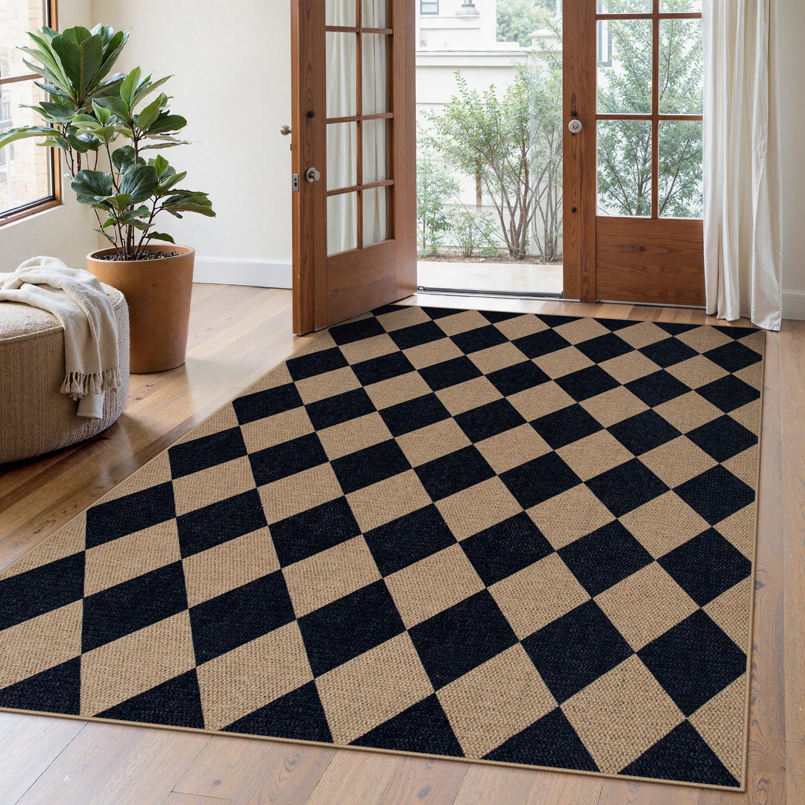 Lahome Colette Checkered Easy Jute 3x5 Outdoor Patio Rug, Washable Rugs for Entryway Diamond Indoor Outdoor Living Room Carpet, Farmhouse Neutral Non Slip Black Door Carpet for Backyard Bedroom