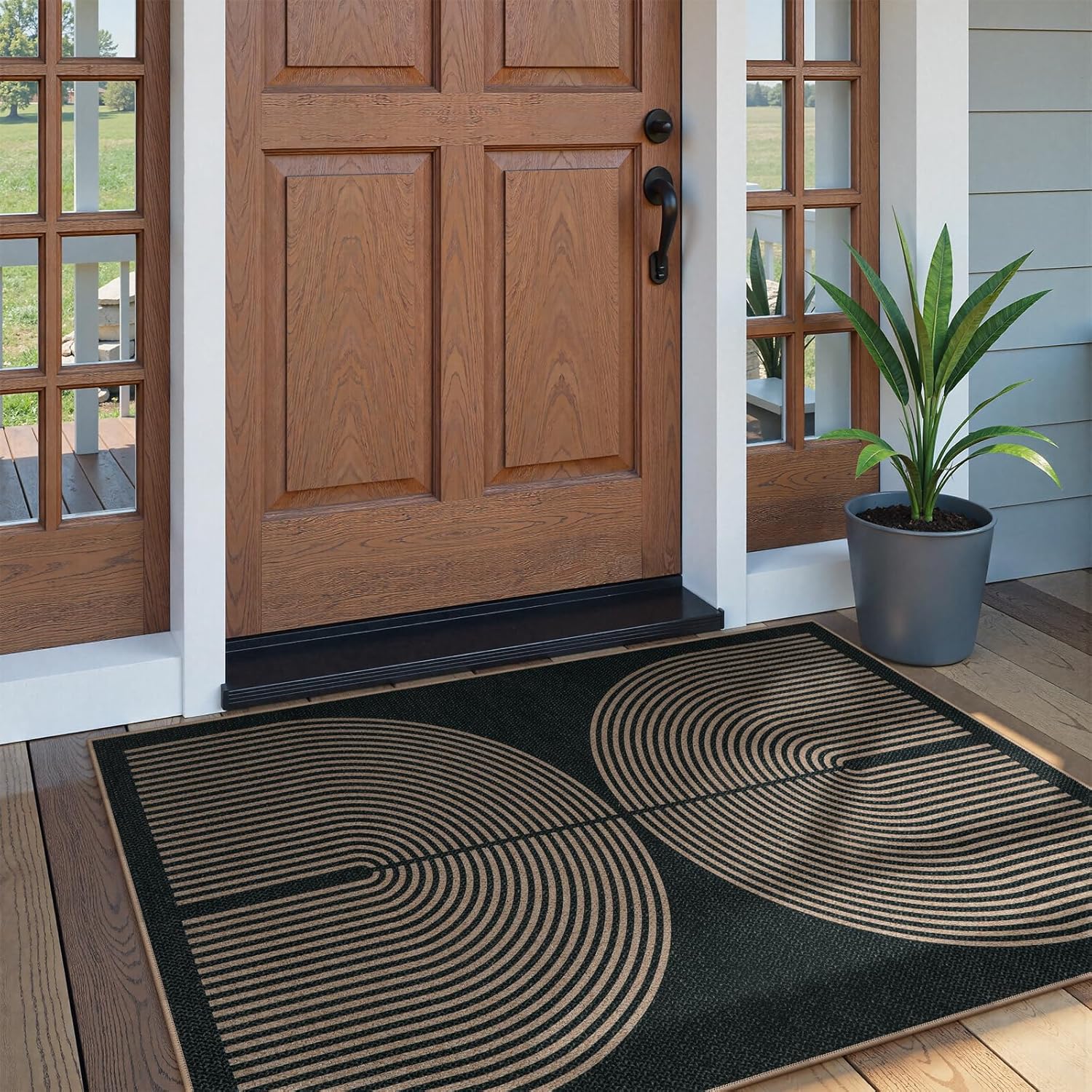 Lahome Enfys Modern Rainbow Easy Jute Outdoor Patio Rug, 3x5 Black Washable Rugs for Entryway Office Farmhouse Classroom Carpet, Contemporary Non Slip Front Door Mat for Porch Guestroom Room Decor