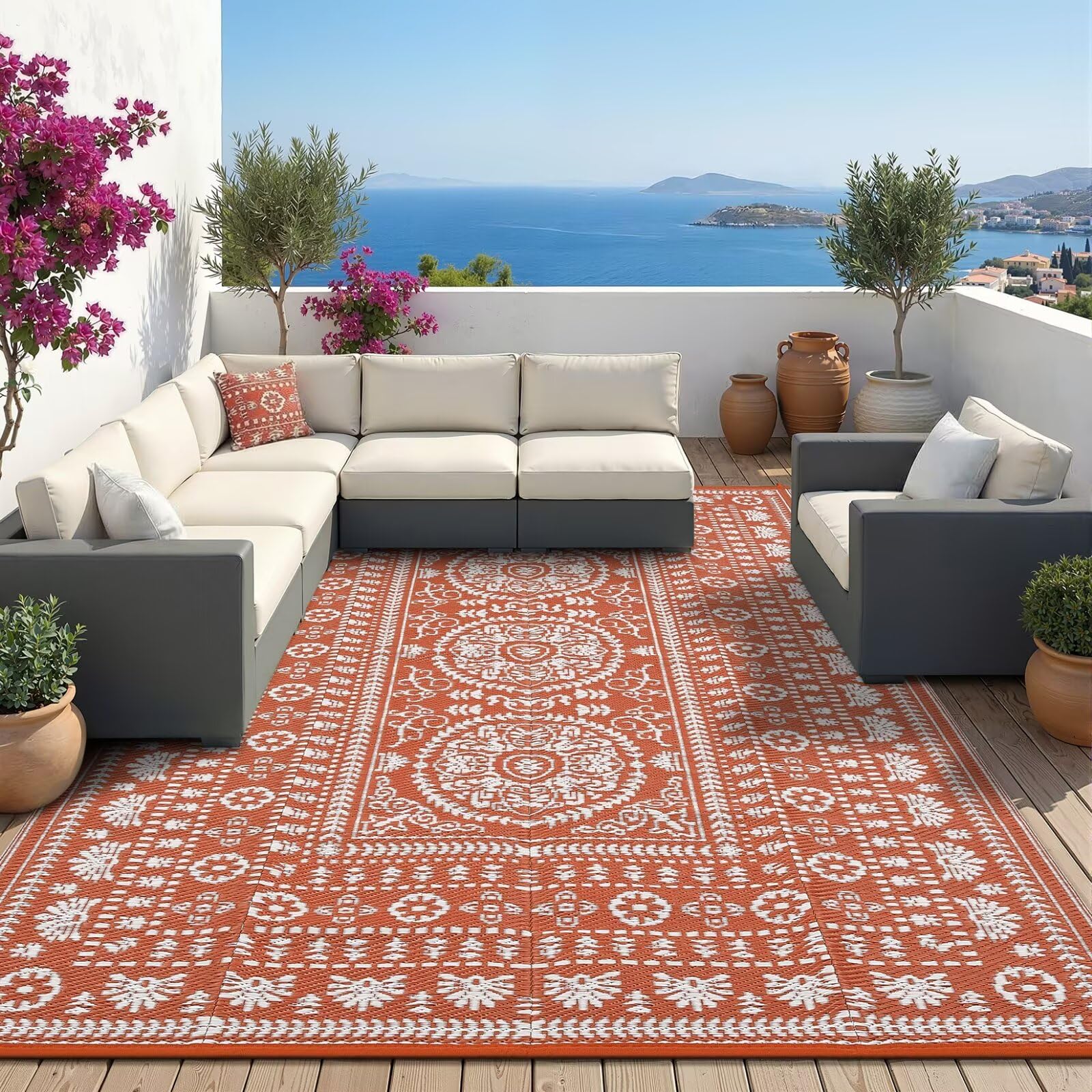 Garvee Reversible Outdoor Rug 8x10 for Patio, Waterproof Outdoor Area Rug, Modern Medallion Indoor Outdoor Rugs, Plastic Straw Rug for RV, Camping, Deck, Vintage Terracotta