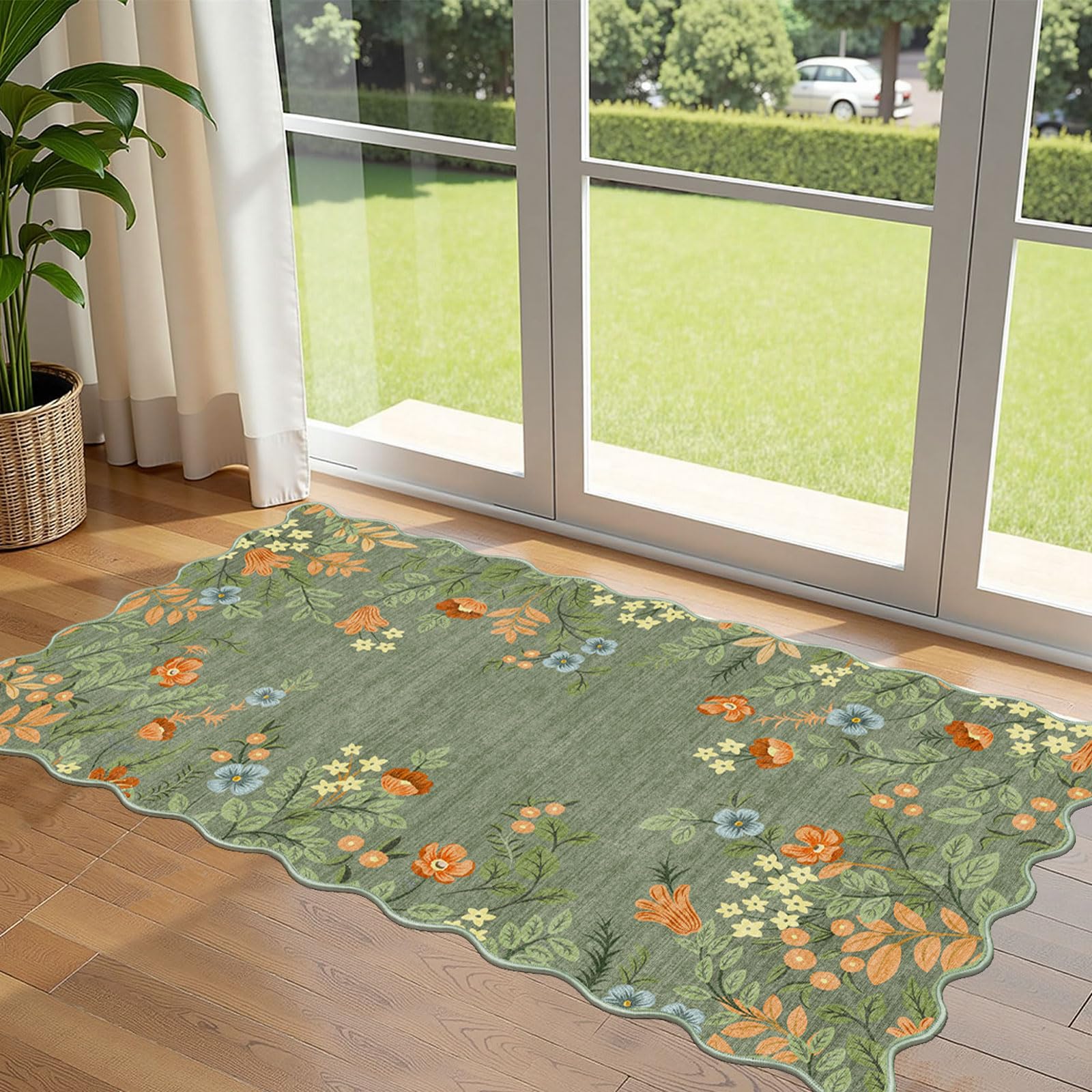 3x5 Floral Entry Rug - Small Washable Indoor Outdoor Mats for Front Door Non-Slip Porch Rug Beige Vintage Farmhouse Throw Rugs for Living Room Bedroom Entryway Kitchen Office Porch Decor