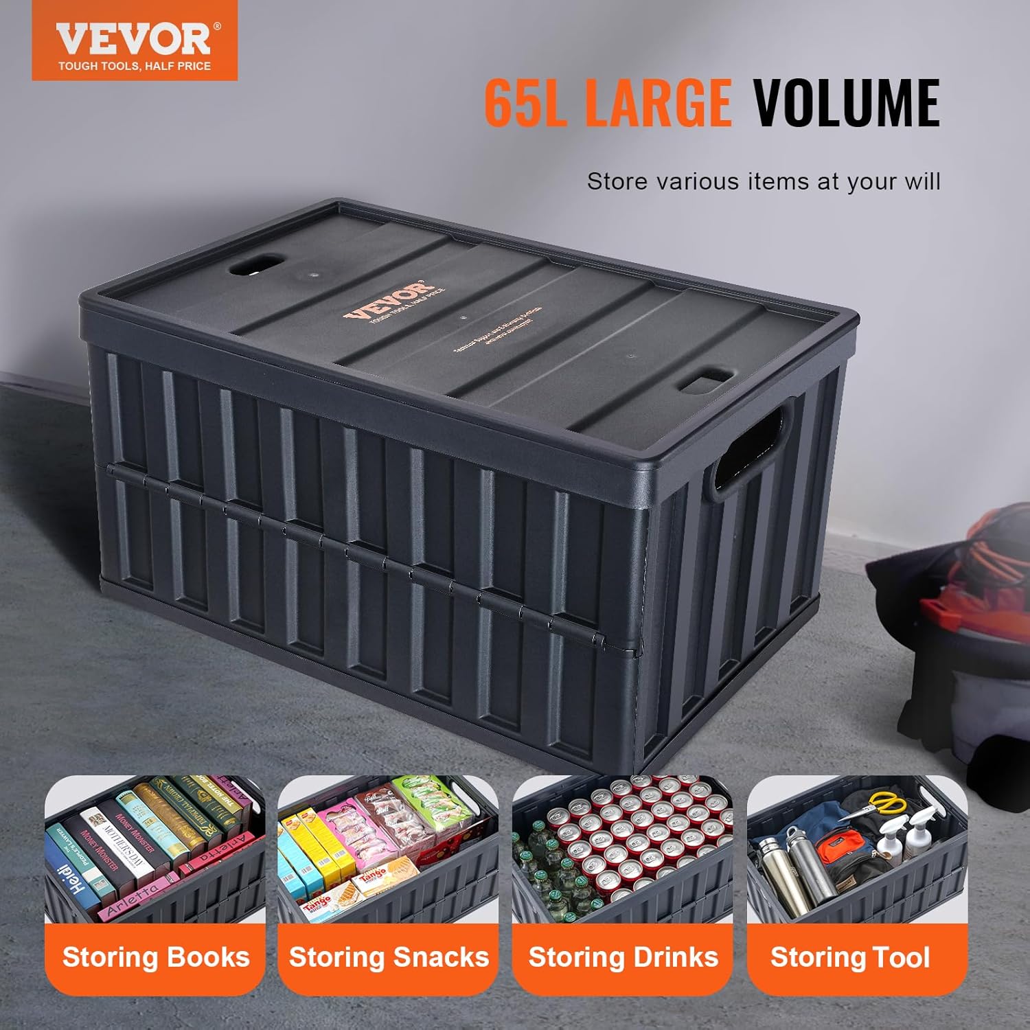 VEVOR 65L Collapsible Storage Bins with Lids 3 Packs, Stackable Utility Crates with Handles, Large Folding Containers for Organizing Tools, Books, Food, Drinks, Camping&Transport