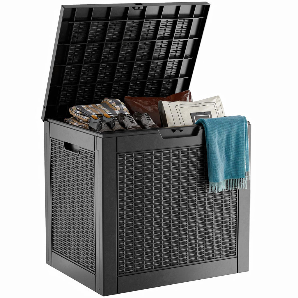 PatioZen 90 Gallon Resin Deck Box, Lockable Patio Outdoor Storage Box for Furniture, Garden Tools and Tools Storage, Waterproof Outside Storage Box - Black