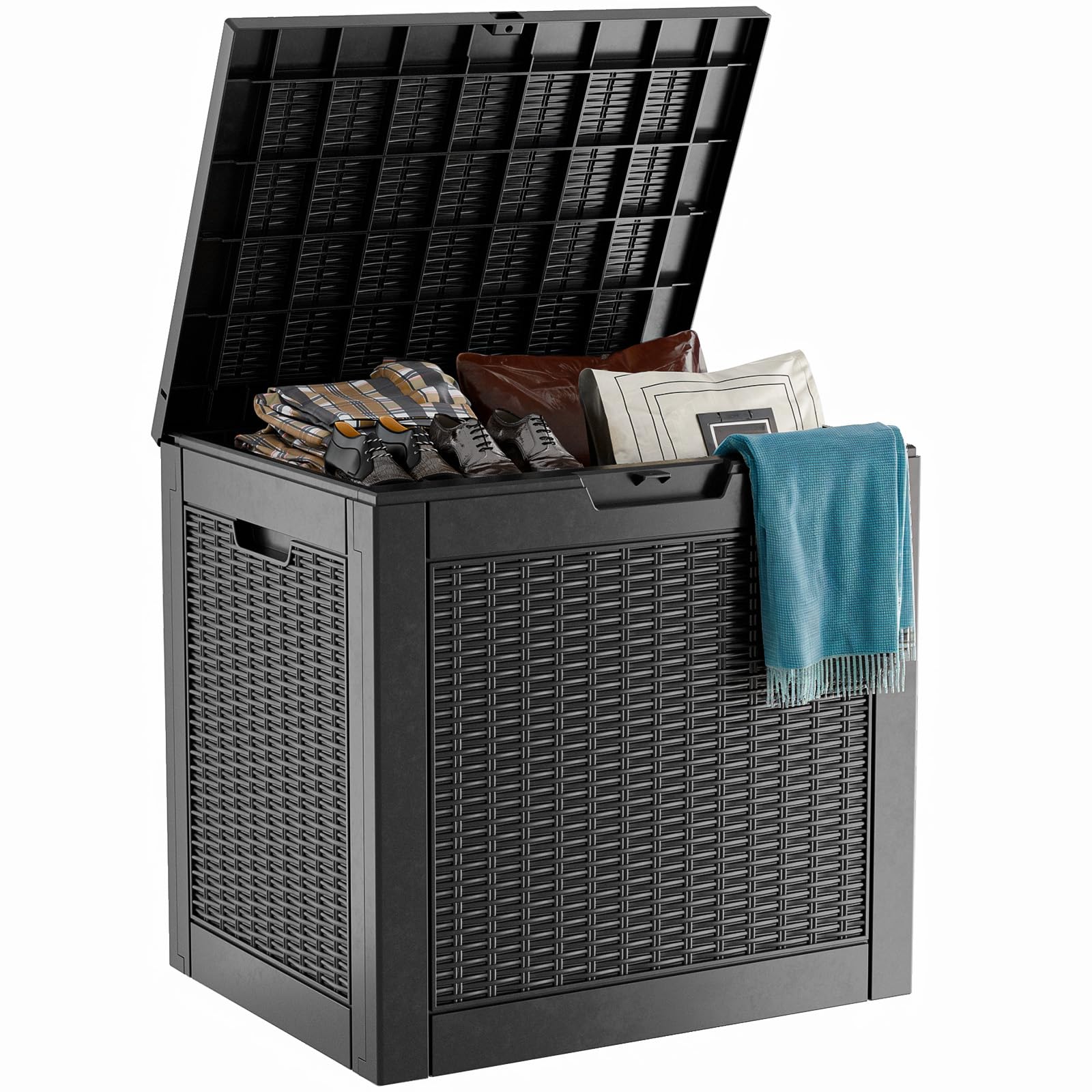 PatioZen 90 Gallon Resin Deck Box, Lockable Patio Outdoor Storage Box for Furniture, Garden Tools and Tools Storage, Waterproof Outside Storage Box - Black