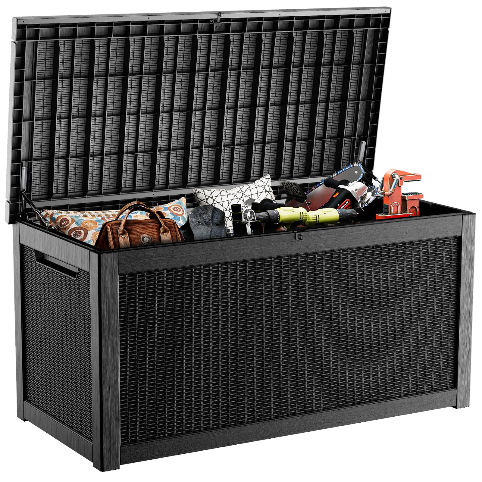 PatioZen 90 Gallon Resin Deck Box, Lockable Patio Outdoor Storage Box for Furniture, Garden Tools and Tools Storage, Waterproof Outside Storage Box - Black