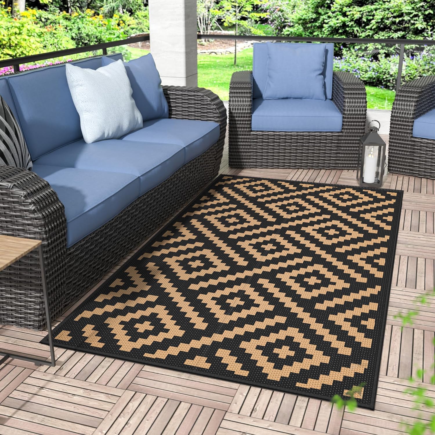 GENIMO 5x8 Outdoor Rug Waterproof, Reversible Mats, Area Rug, Plastic Outside Carpet, Geometric Rv Mat for Patio Camping Rv Picnic Backyard Deck Balcony Porch Beach Trailer (Black & Beige)