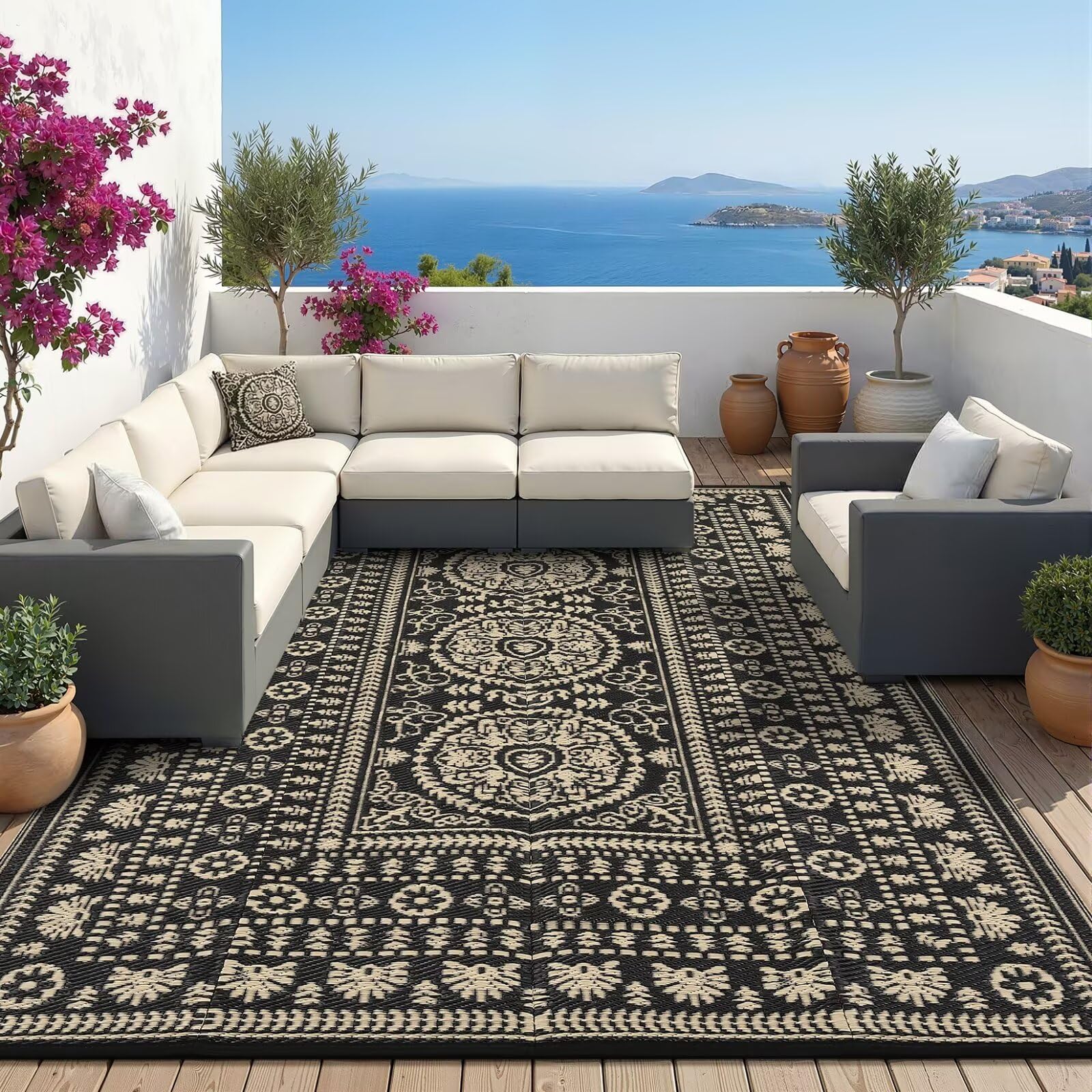 Garvee Reversible Outdoor Rug 8x10 for Patio, Waterproof Outdoor Area Rug, Modern Medallion Indoor Outdoor Rugs, Plastic Straw Rug for RV, Camping, Deck, Vintage Terracotta