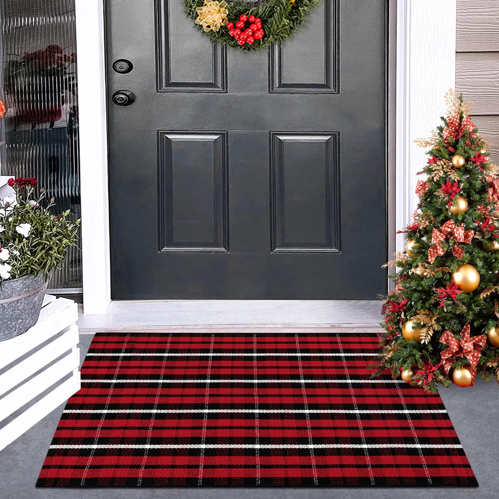 OJIA Outdoor Rug 3'x5', Black and Tan Area Rug Machine Washable Rugs Cotton Hand Woven Entry Rug Indoor Outdoor Striped Carpet for Front Porch/Deck/Backyard/Camping/Outdoor Decor