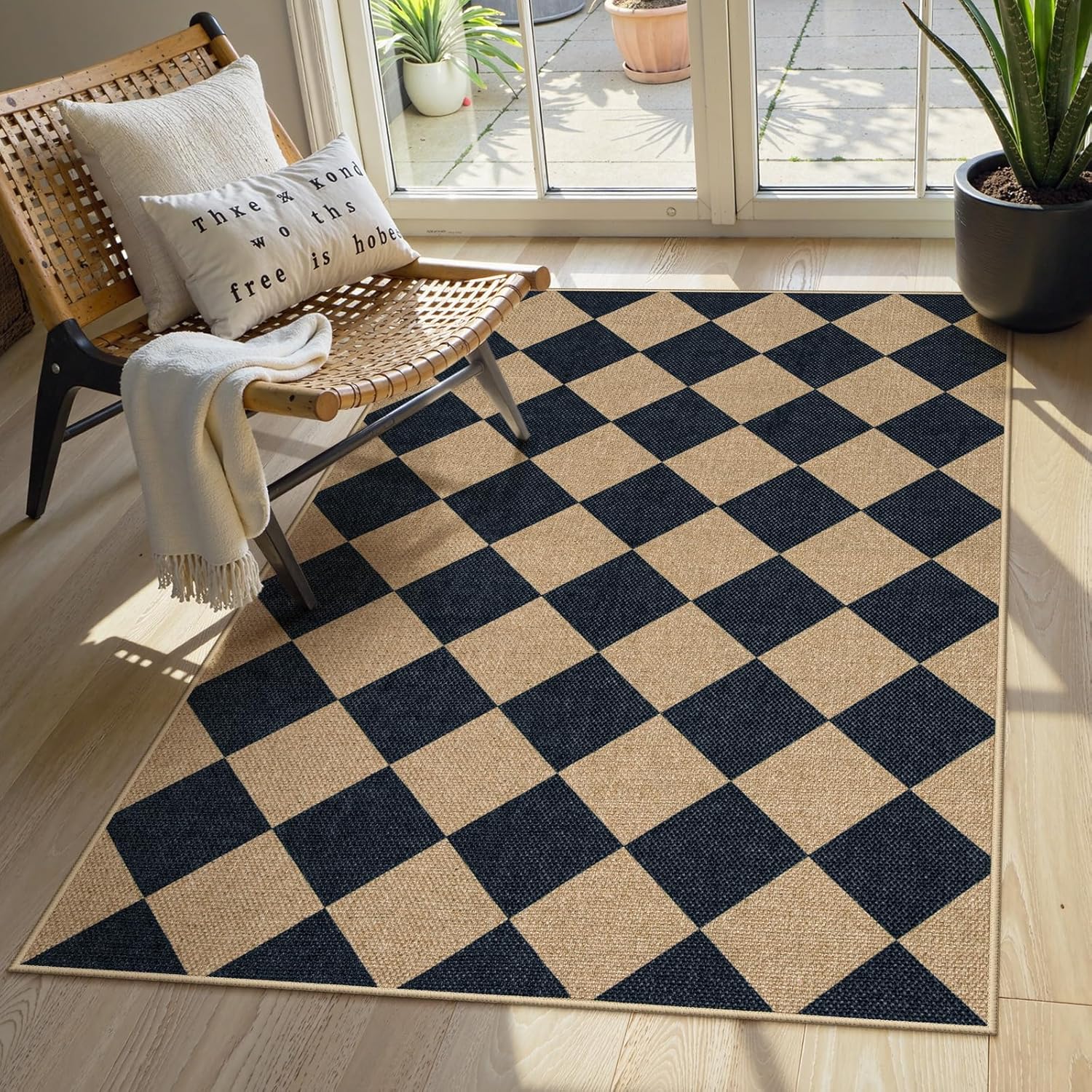 Lahome Colette Checkered Easy Jute 3x5 Outdoor Patio Rug, Washable Rugs for Entryway Diamond Indoor Outdoor Living Room Carpet, Farmhouse Neutral Non Slip Black Door Carpet for Backyard Bedroom