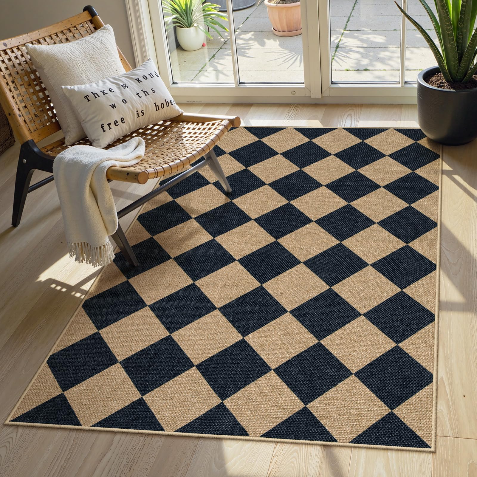 Lahome Colette Checkered Easy Jute 3x5 Outdoor Patio Rug, Washable Rugs for Entryway Diamond Indoor Outdoor Living Room Carpet, Farmhouse Neutral Non Slip Black Door Carpet for Backyard Bedroom