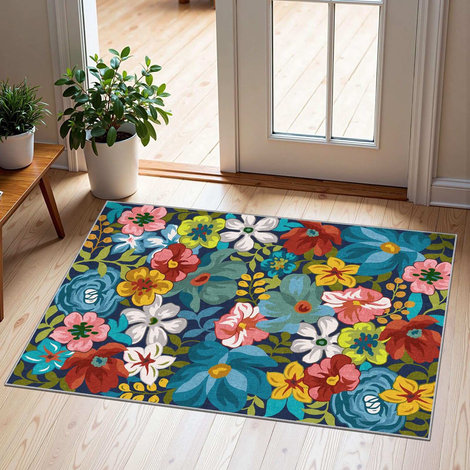 3x5 Floral Entry Rug - Small Washable Indoor Outdoor Mats for Front Door Non-Slip Porch Rug Beige Vintage Farmhouse Throw Rugs for Living Room Bedroom Entryway Kitchen Office Porch Decor