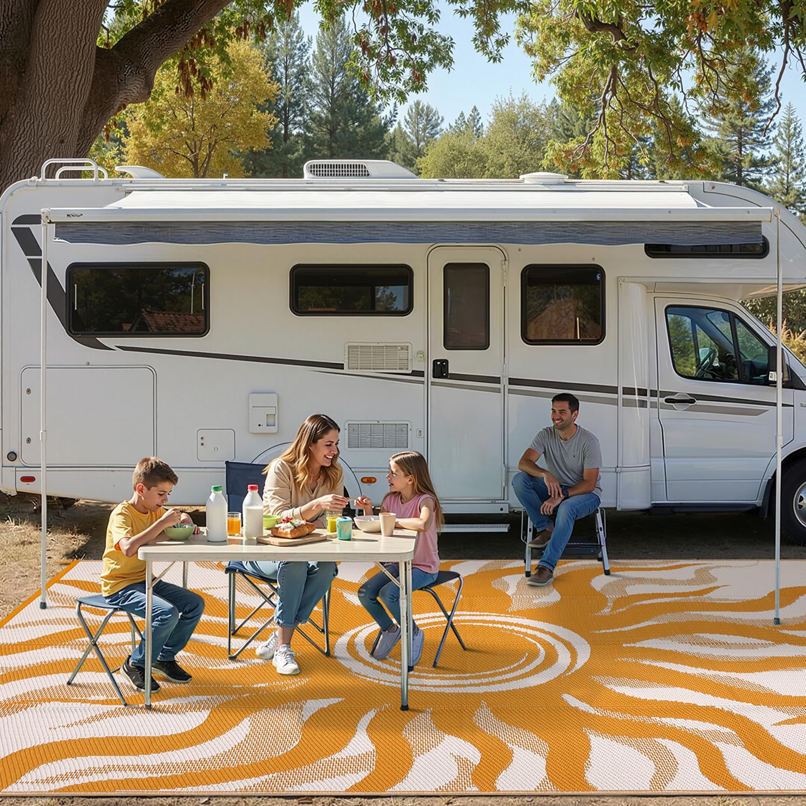 Garvee Outdoor Rug 5x8 Waterproof Patio Rugs with Boho Sun Pattern, Reversible Plastic Straw Camping Rugs Outdoor Indoor RV Mat Carpet for Deck, Backyard, Picnic, Porch, Balcony, Beach, Orange