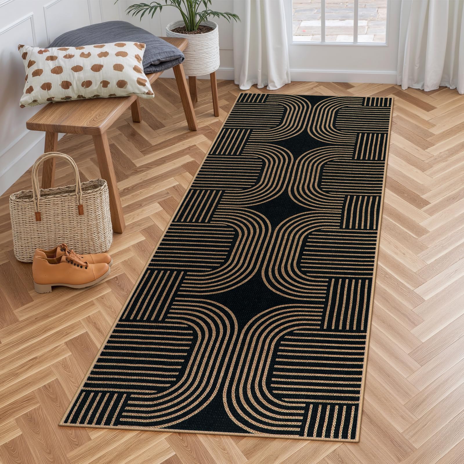 Lahome Enfys Modern Rainbow Easy Jute Outdoor Patio Rug, 3x5 Black Washable Rugs for Entryway Office Farmhouse Classroom Carpet, Contemporary Non Slip Front Door Mat for Porch Guestroom Room Decor