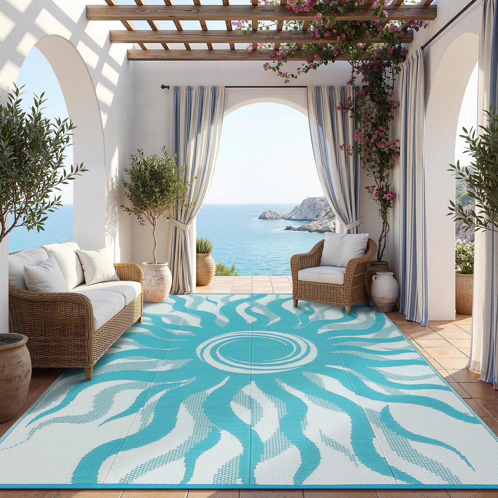 Garvee Outdoor Rug 5x8 Waterproof Patio Rugs with Boho Sun Pattern, Reversible Plastic Straw Camping Rugs Outdoor Indoor RV Mat Carpet for Deck, Backyard, Picnic, Porch, Balcony, Beach, Orange