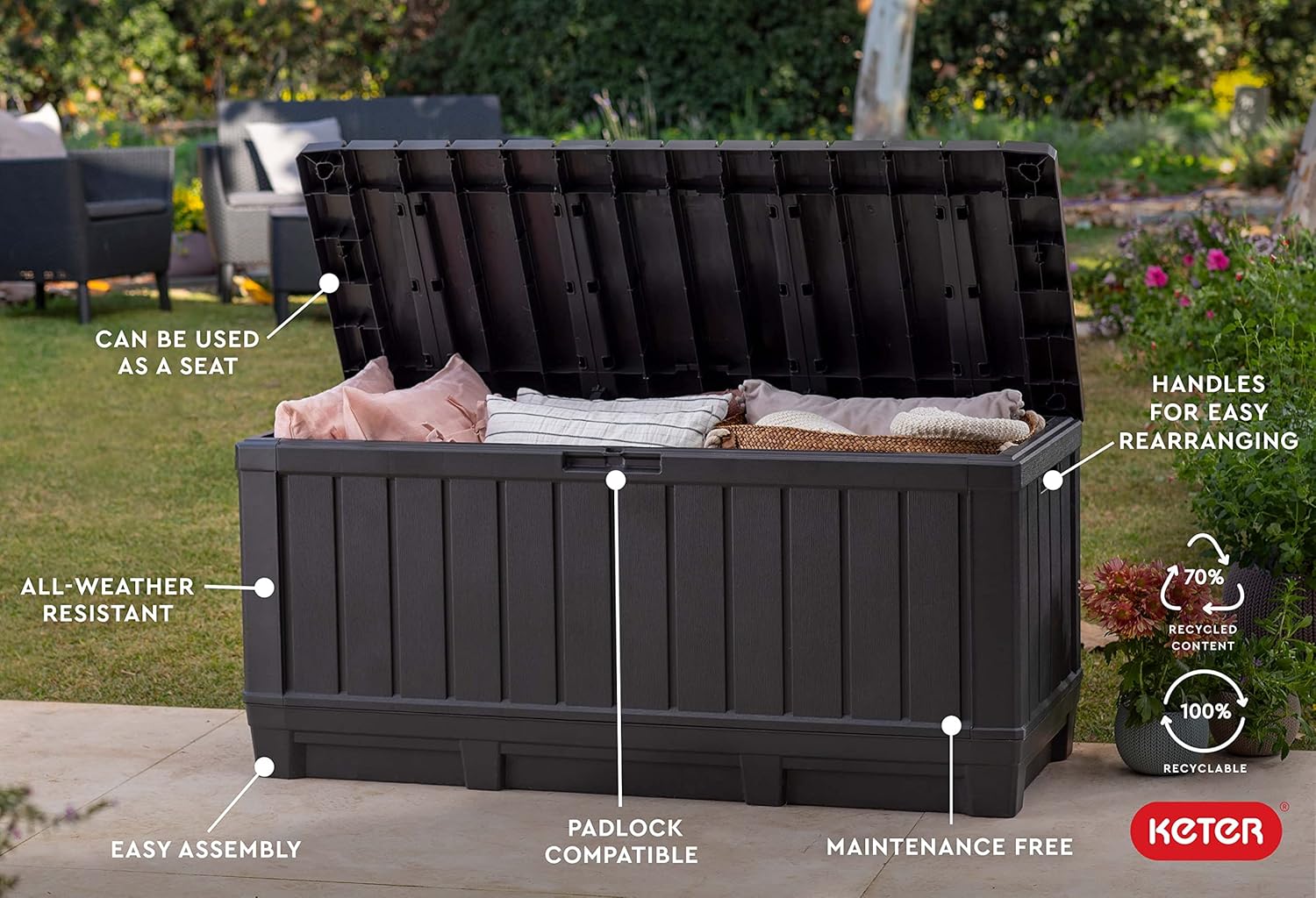 Keter Kentwood 92 Gallon Resin Deck Box-Organization and Storage for Patio Furniture Outdoor Cushions, Throw Pillows, Garden Tools and Pool Floats, Dark Grey