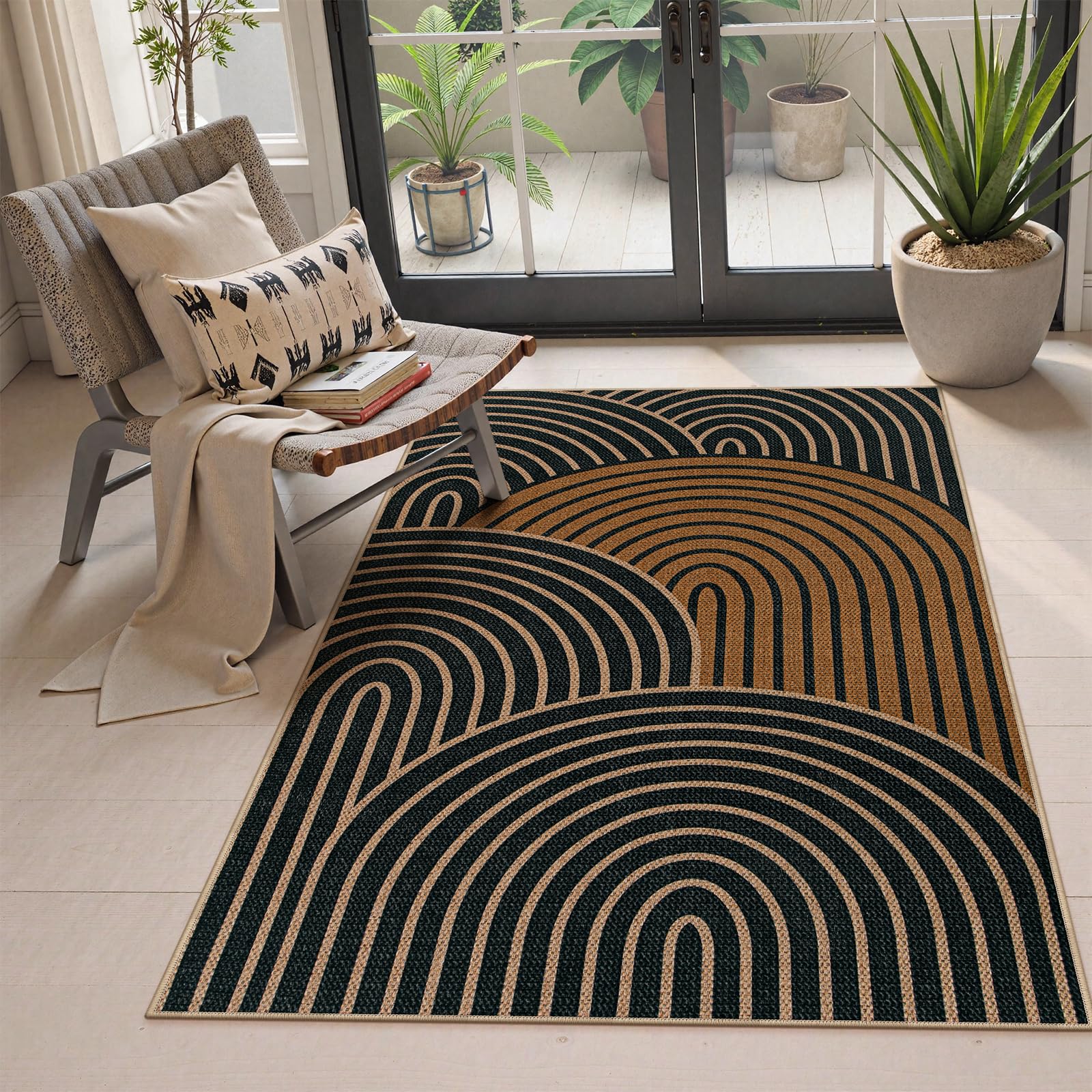 Lahome Enfys Modern Rainbow Easy Jute Outdoor Patio Rug, 3x5 Black Washable Rugs for Entryway Office Farmhouse Classroom Carpet, Contemporary Non Slip Front Door Mat for Porch Guestroom Room Decor