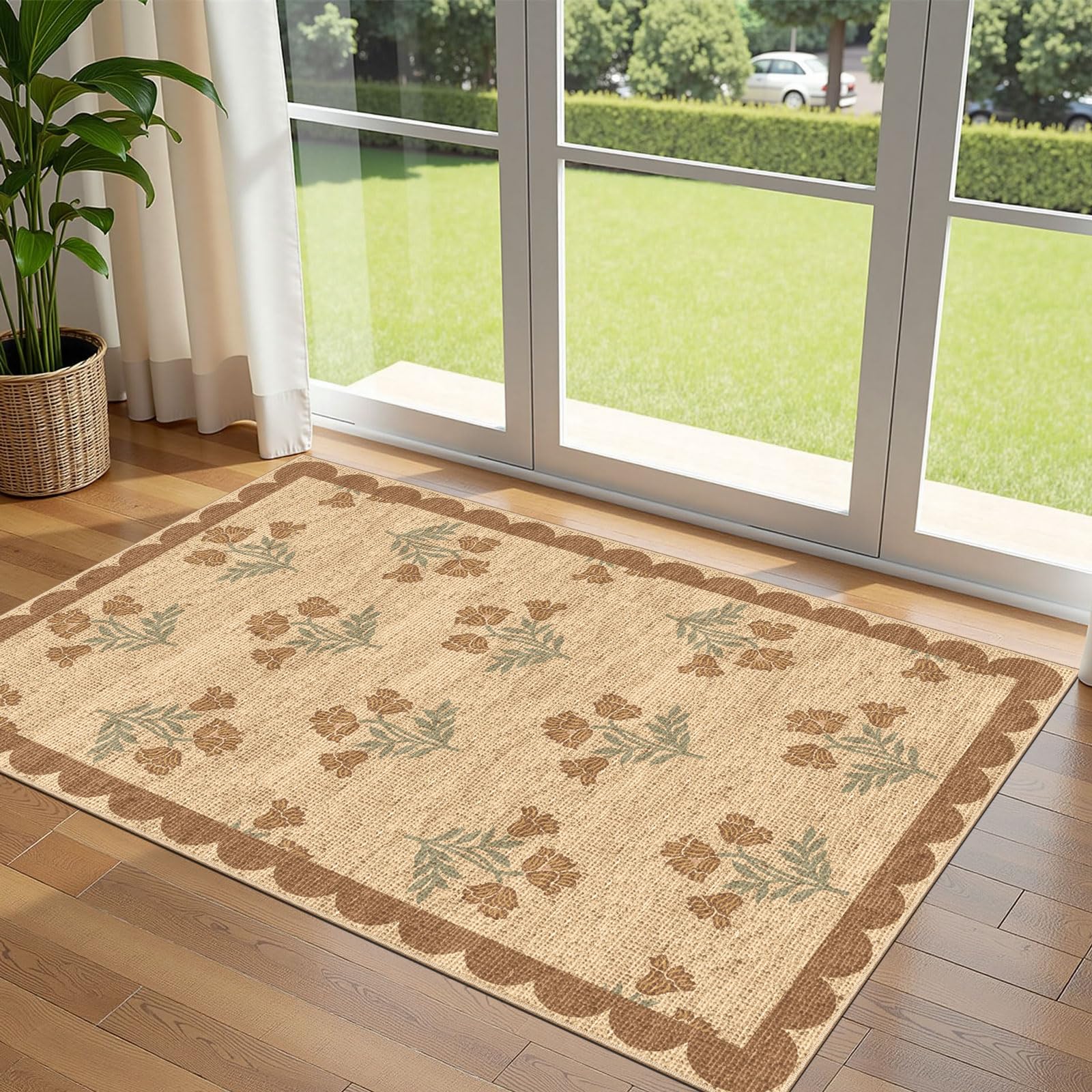 3x5 Floral Entry Rug - Small Washable Indoor Outdoor Mats for Front Door Non-Slip Porch Rug Beige Vintage Farmhouse Throw Rugs for Living Room Bedroom Entryway Kitchen Office Porch Decor