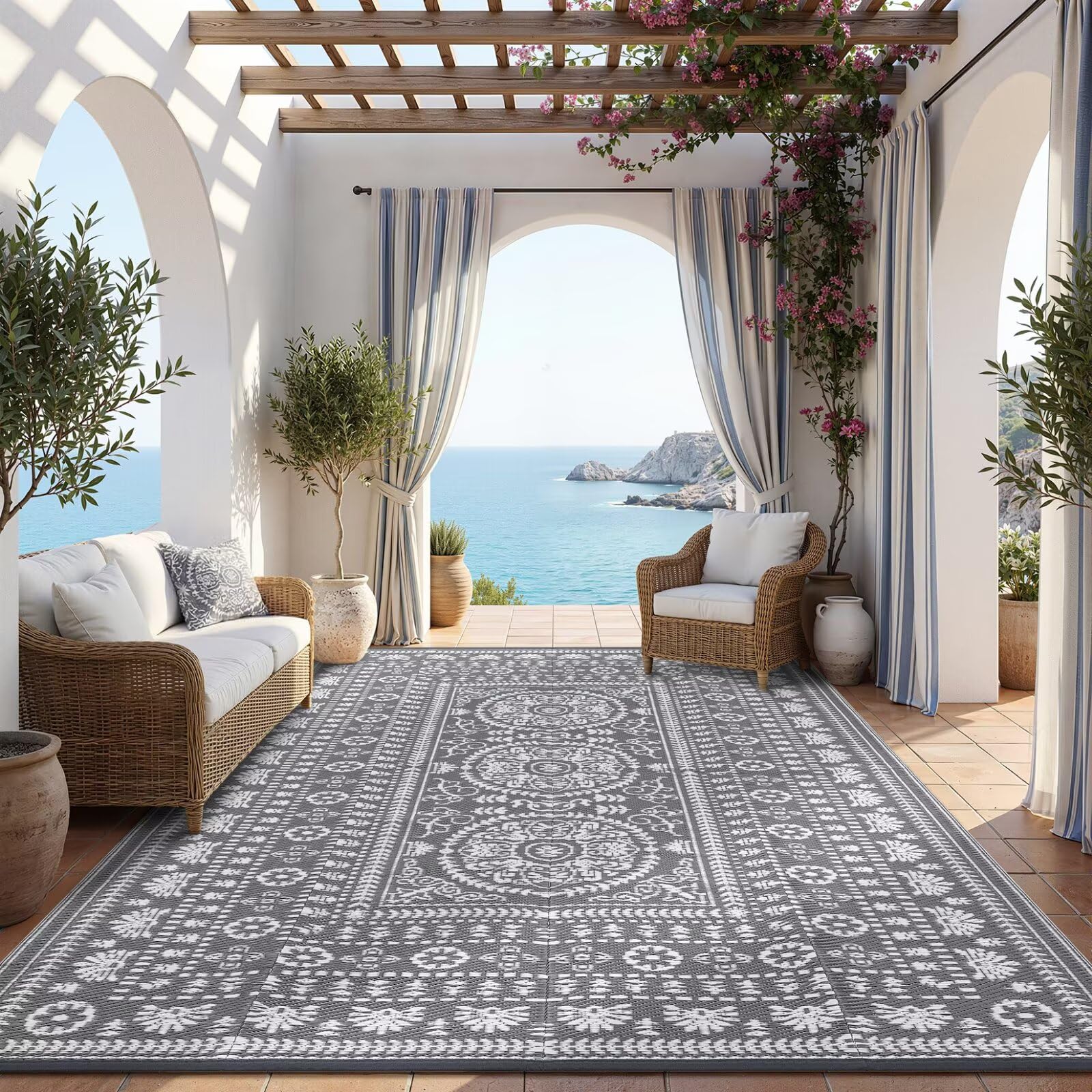 Garvee Reversible Outdoor Rug 8x10 for Patio, Waterproof Outdoor Area Rug, Modern Medallion Indoor Outdoor Rugs, Plastic Straw Rug for RV, Camping, Deck, Vintage Terracotta