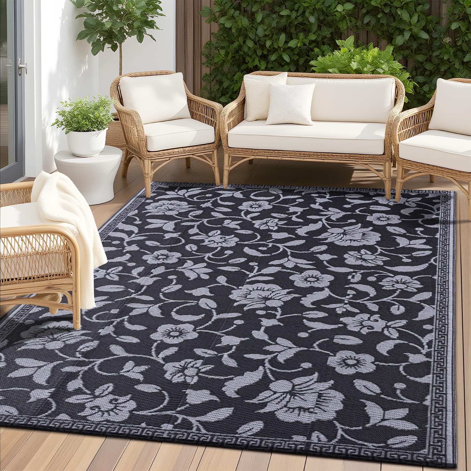 OLANLY Waterproof Outdoor Rug 5x8 ft, Outdoor Plastic Straw Rug with Flower Pattern, Reversible RV Mat for Patio, Camping, Balcony, Deck, Backyard, Navy & White