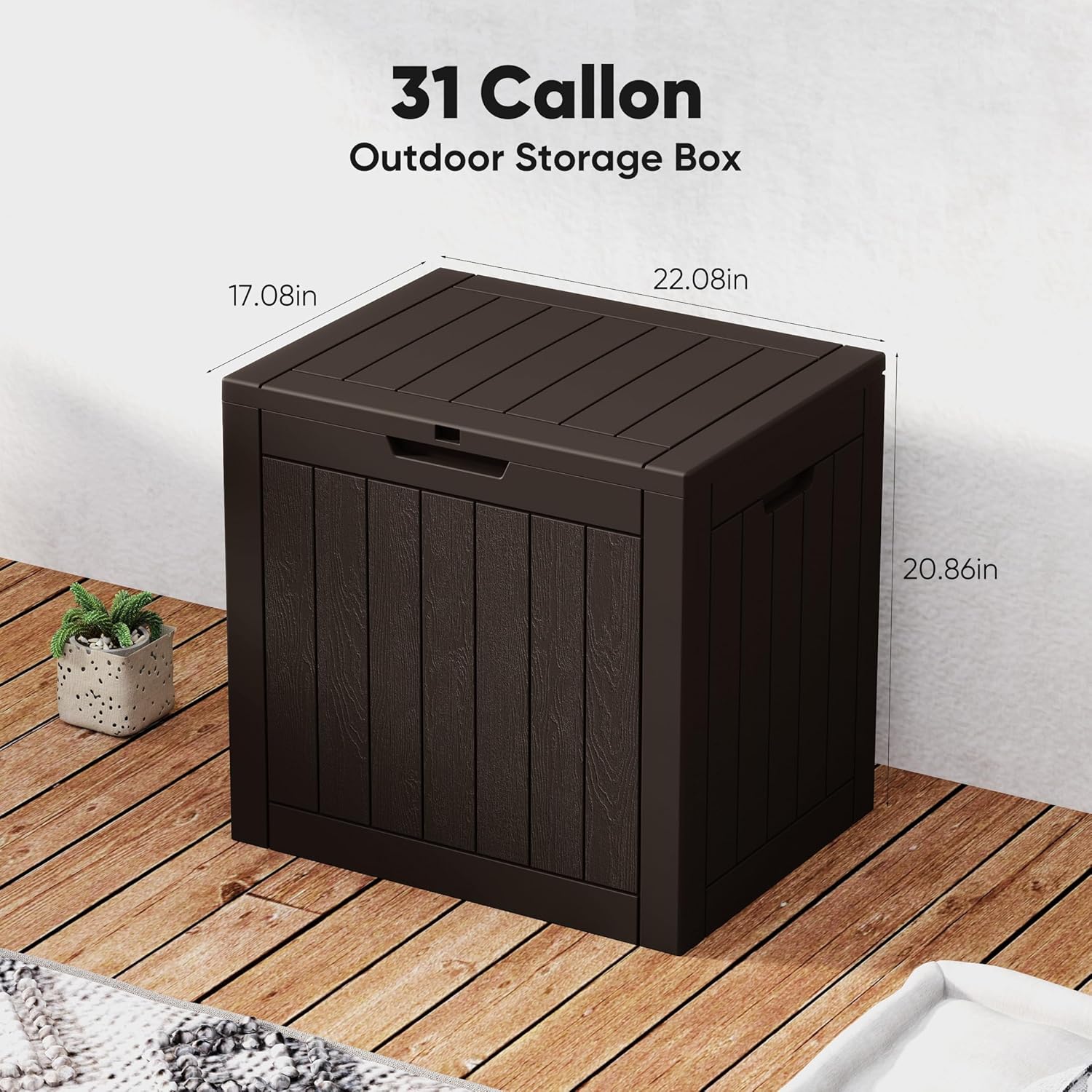 NEWBULIG 31 Gallon Outdoor Storage Box, Waterproof Deck Box with Lockable Lid, Patio Furniture Bench & Side Table, Easy Assembly, for Garden, Pool, Patio & Backyard Organization, Brown