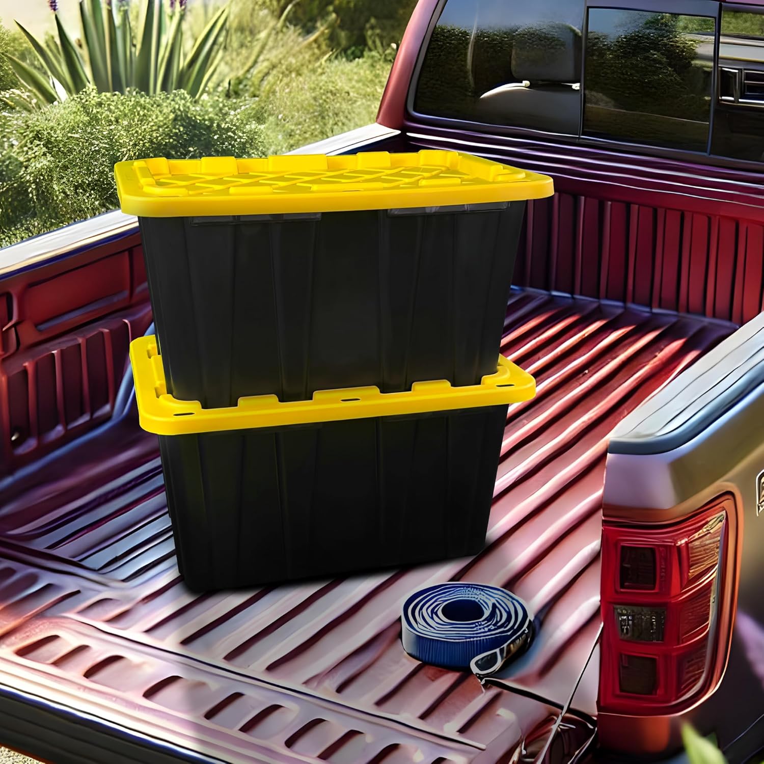 BLACK & YELLOW 27-Gallon Storage Bin with Snap-on Lid, Heavy Duty Plastic Storage Bins with Lid, Stackable, 2 Pack