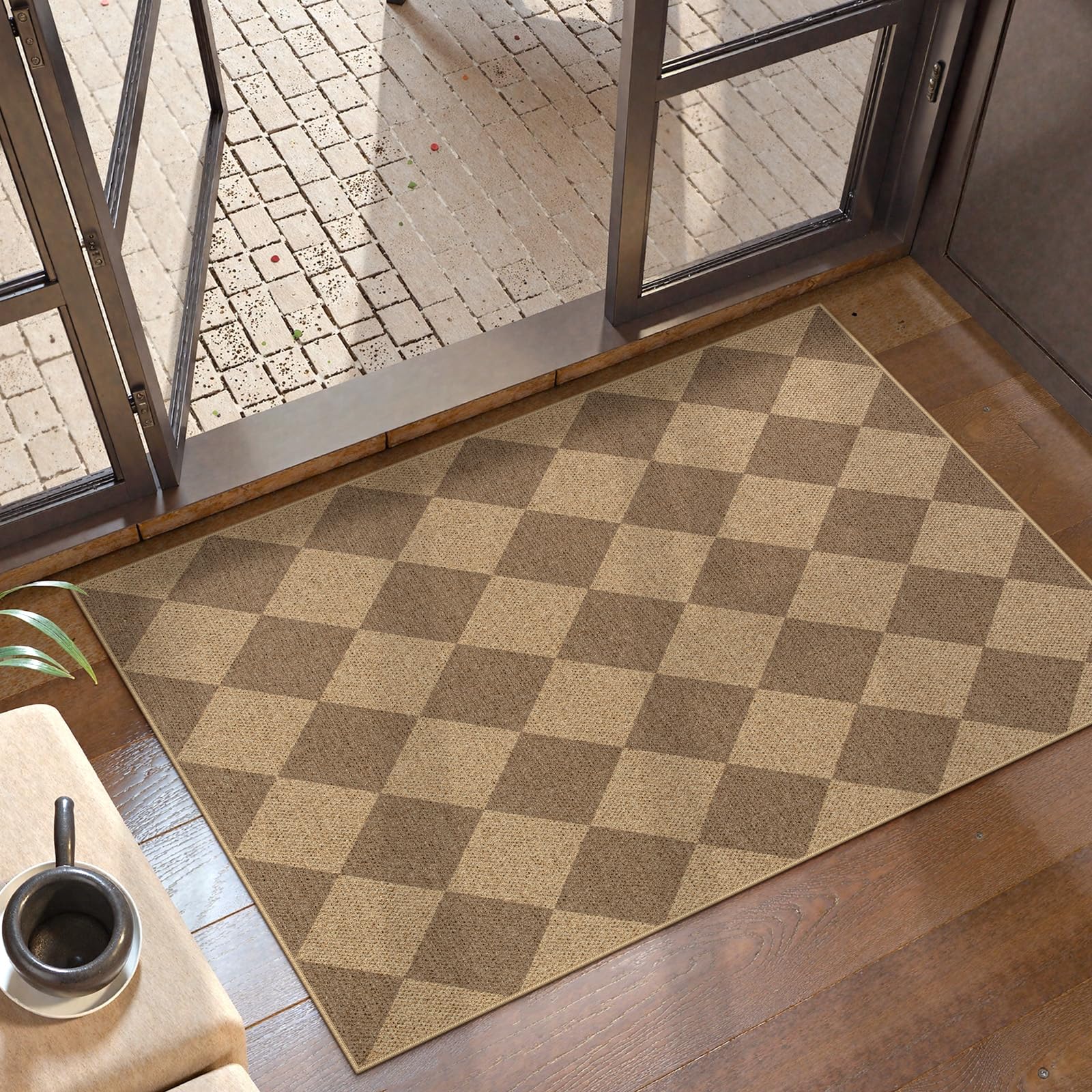 Lahome Colette Checkered Easy Jute 3x5 Outdoor Patio Rug, Washable Rugs for Entryway Diamond Indoor Outdoor Living Room Carpet, Farmhouse Neutral Non Slip Black Door Carpet for Backyard Bedroom